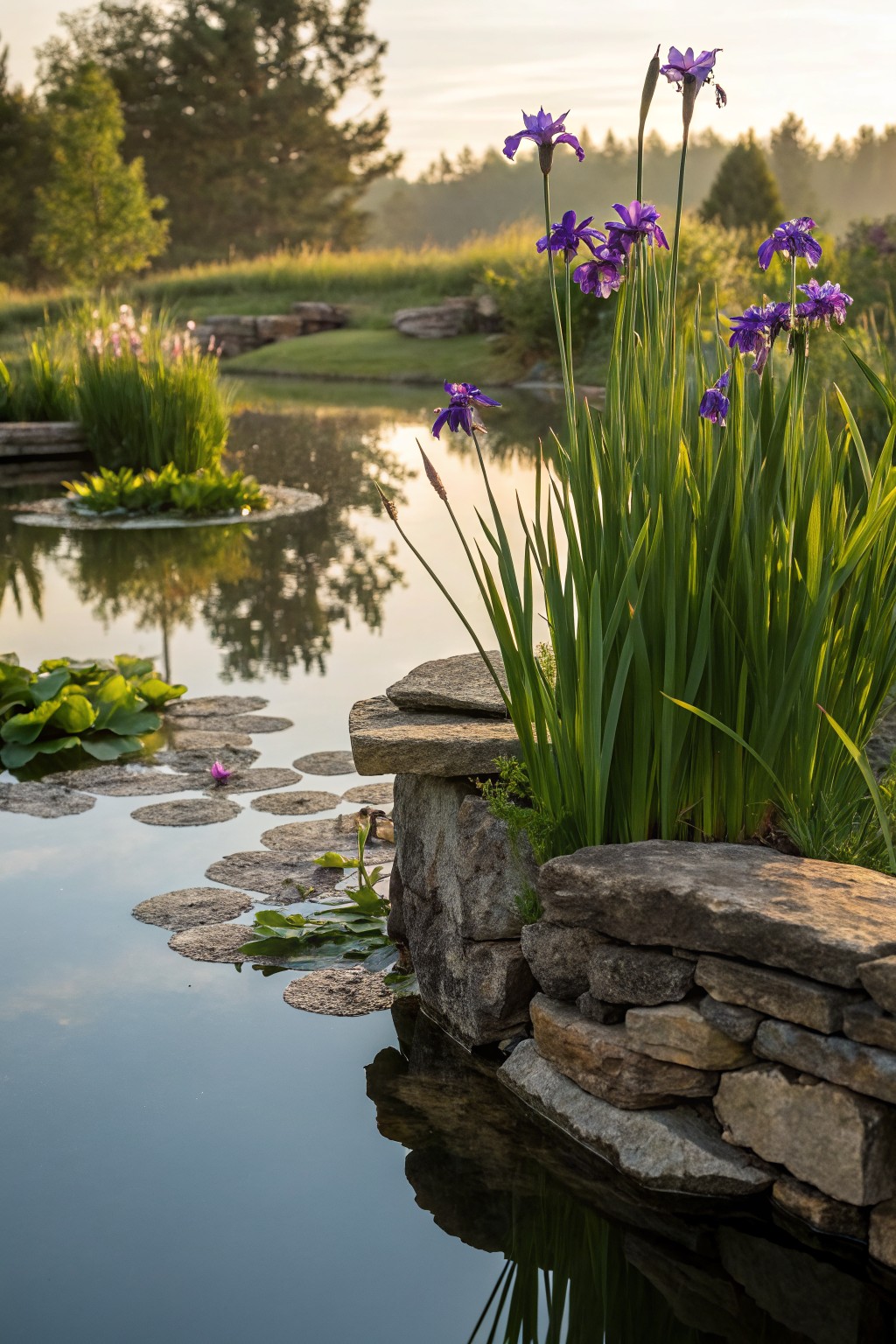 Purple iris flowers and tall green stalks growing from soil atop a low dry-stacked stone wall edging a calm pond with water lily pads, green vegetation, and trees in the background.