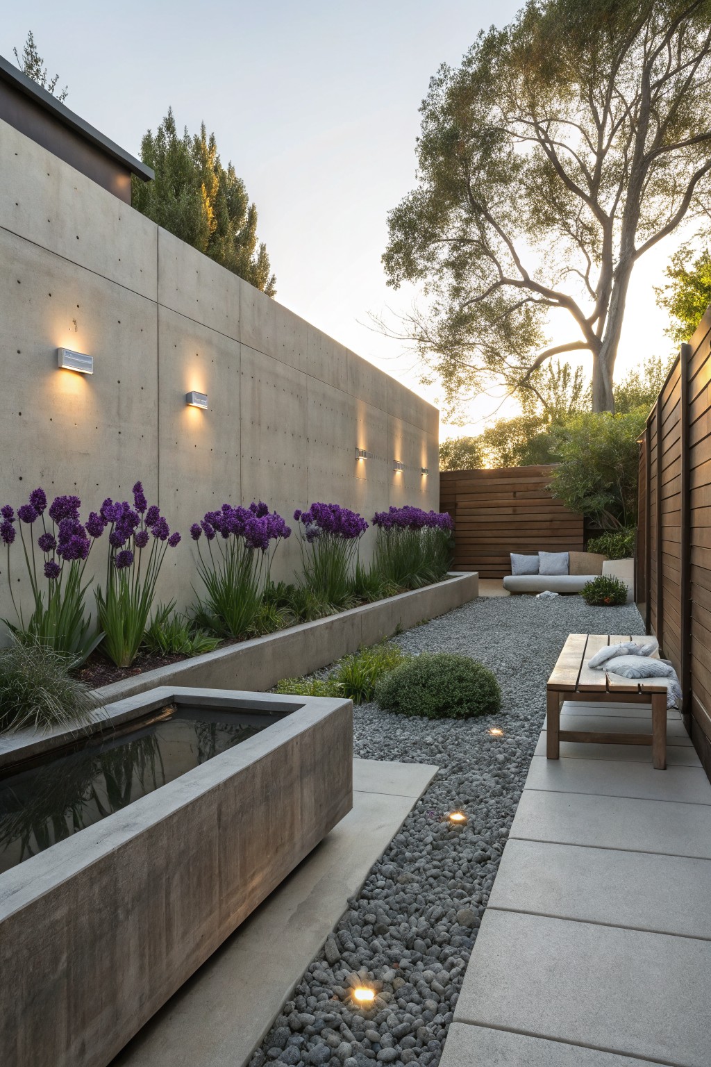 Narrow outdoor garden path lined with clusters of tall purple iris flowers against concrete retaining walls, featuring a wooden water trough, gravel ground cover, bench seating, and recessed lighting.