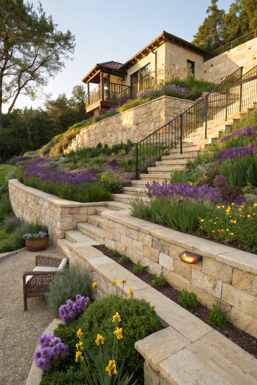 Terraced stone walls and stairs on a hillside planted densely with purple irises, yellow and white flowers, green shrubs, leading up to a beige stucco house with a balcony.