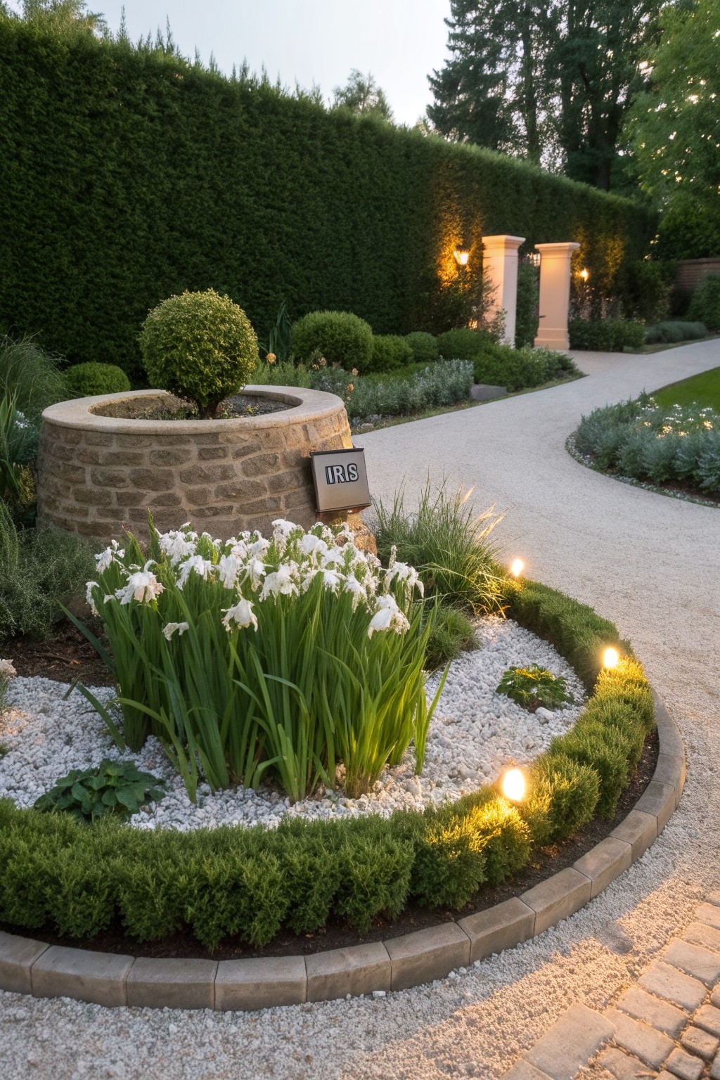 Curved garden bed with white irises and green sword-like leaves planted in white gravel surrounding a stone well planter containing a small rounded shrub, edged by low boxwood hedges along a gravel path with ground lights, tall hedges and gate pillars in the background.