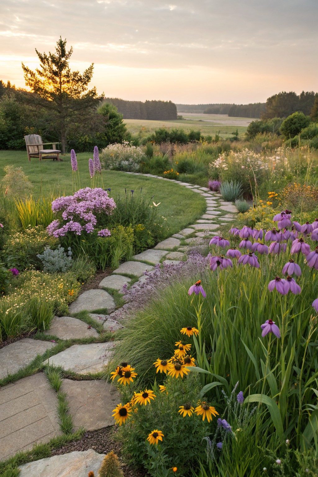 Winding flagstone path curving through lush garden beds planted with tall purple irises, pink flower clusters, yellow sunflowers, ornamental grasses, and other perennials, with an Adirondack chair visible ahead under a pine tree.