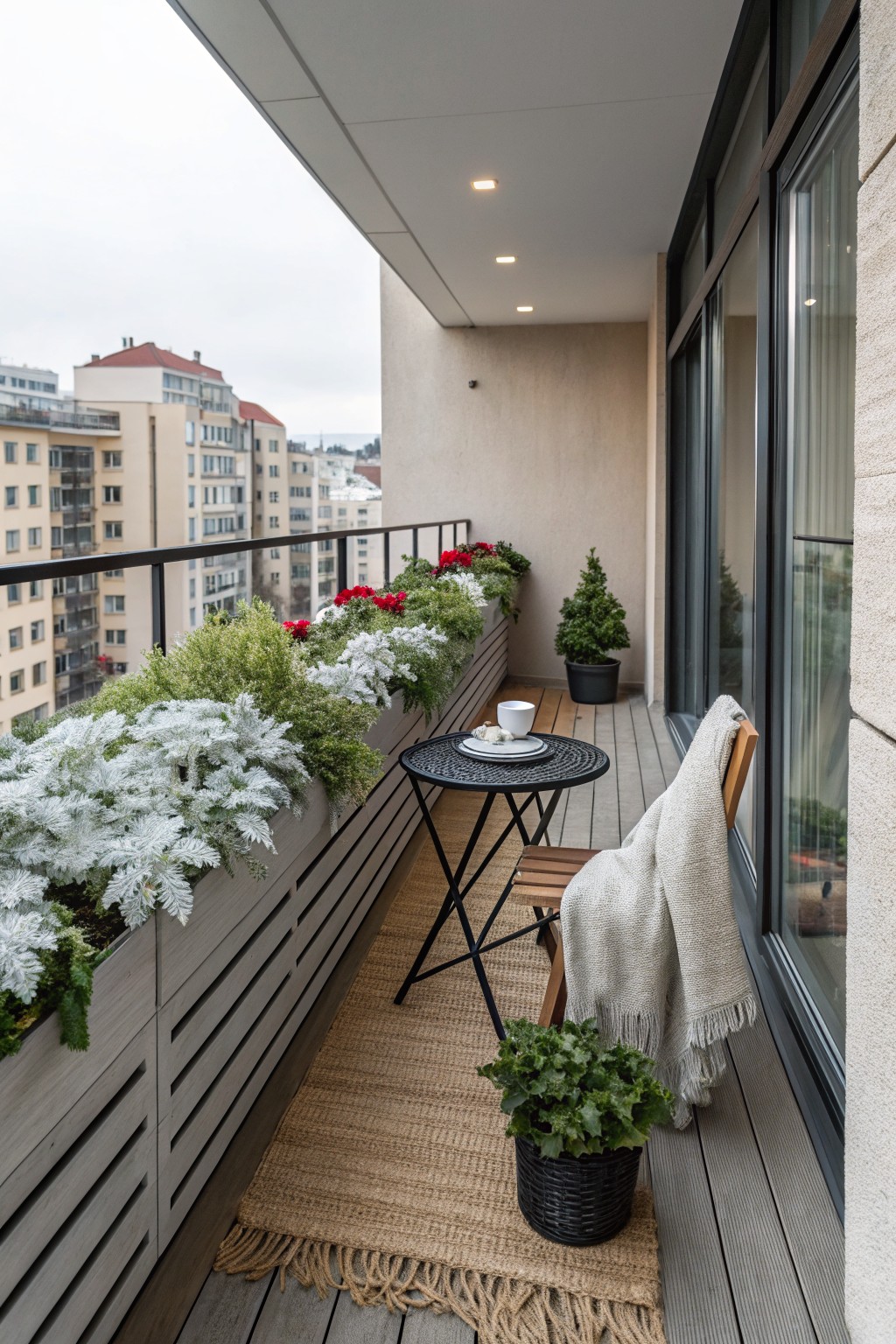 A city balcony with gray wood planter boxes along the black metal railing filled with white leafy plants and red poinsettias, a small black metal table with white cups and saucers, a wooden chair draped with a light gray blanket, additional potted plants on the wood deck floor, and large glass doors in the background.