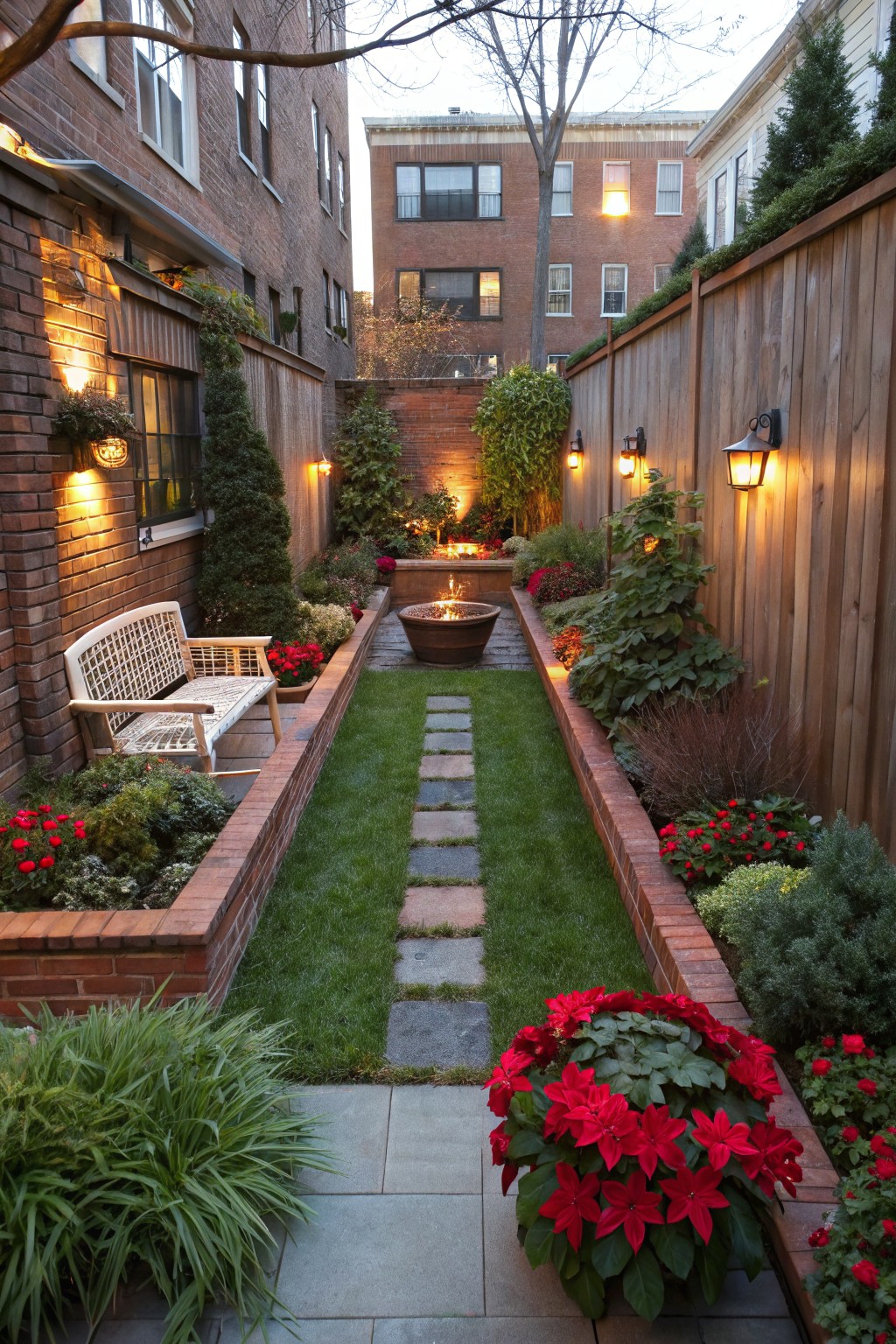 Narrow backyard pathway between brick walls and wooden fences, lined with raised brick planters containing red poinsettias, shrubs, grasses, and flowers, plus a white bench, stone fire pit, and wall-mounted lanterns.