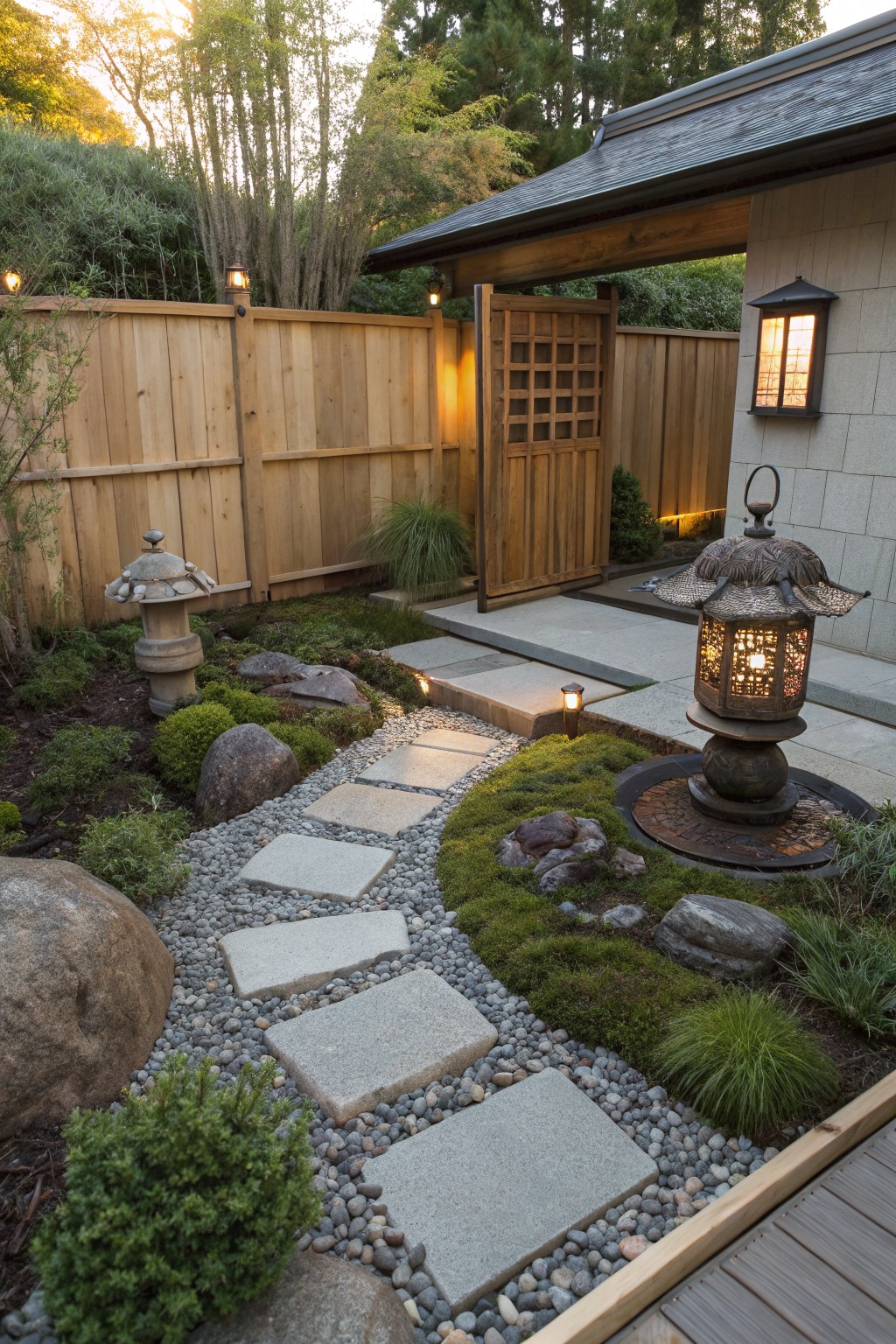 Winding gray stepping stone path curves through gravel, boulders, mossy plants, and stone lanterns toward a wooden lattice gate and small building with shingled roof, surrounded by wooden fence and trees.