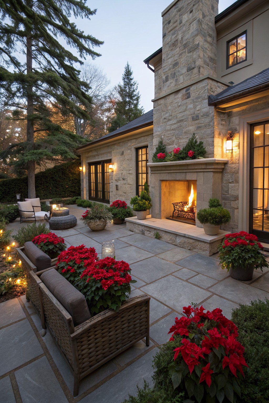 Stone outdoor fireplace built into a house wall on a slate tile patio, flanked by potted red poinsettias, wicker chairs, and string lights at dusk.