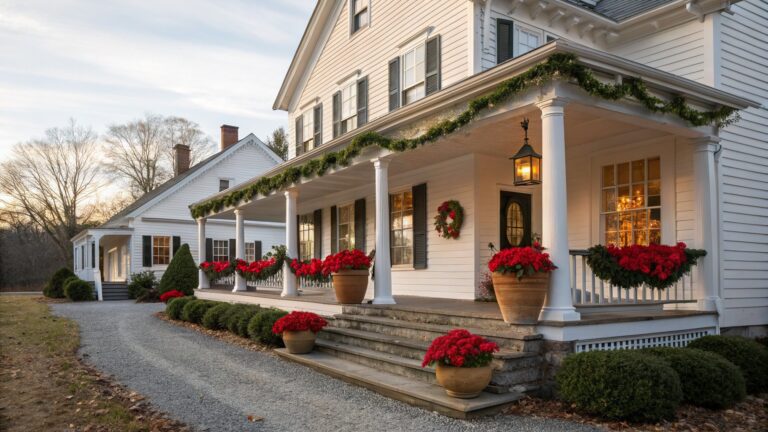 White clapboard house with wraparound porch hung with red poinsettia baskets from columns and railings, evergreen garlands with string lights, potted boxwood shrubs, and stone steps to gravel driveway.