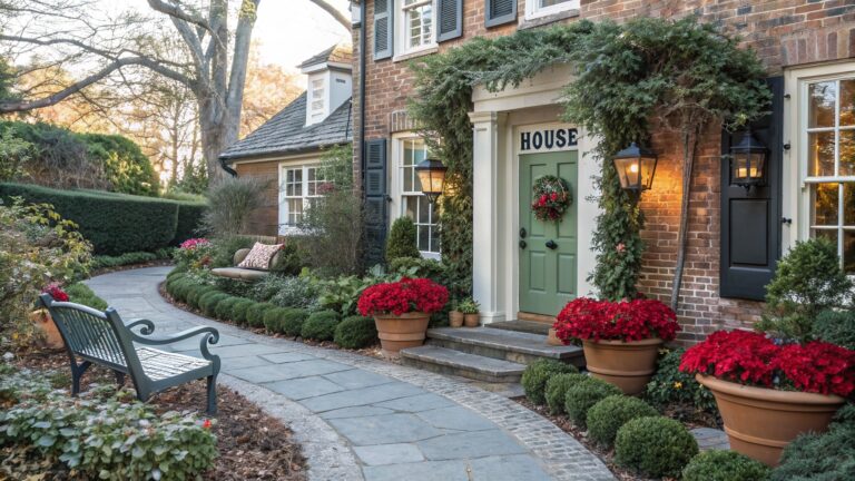 Stone cottage house with sage green front door and curved slate path edged by beds and terracotta pots of red poinsettias, boxwood shrubs, lanterns, and a bench.