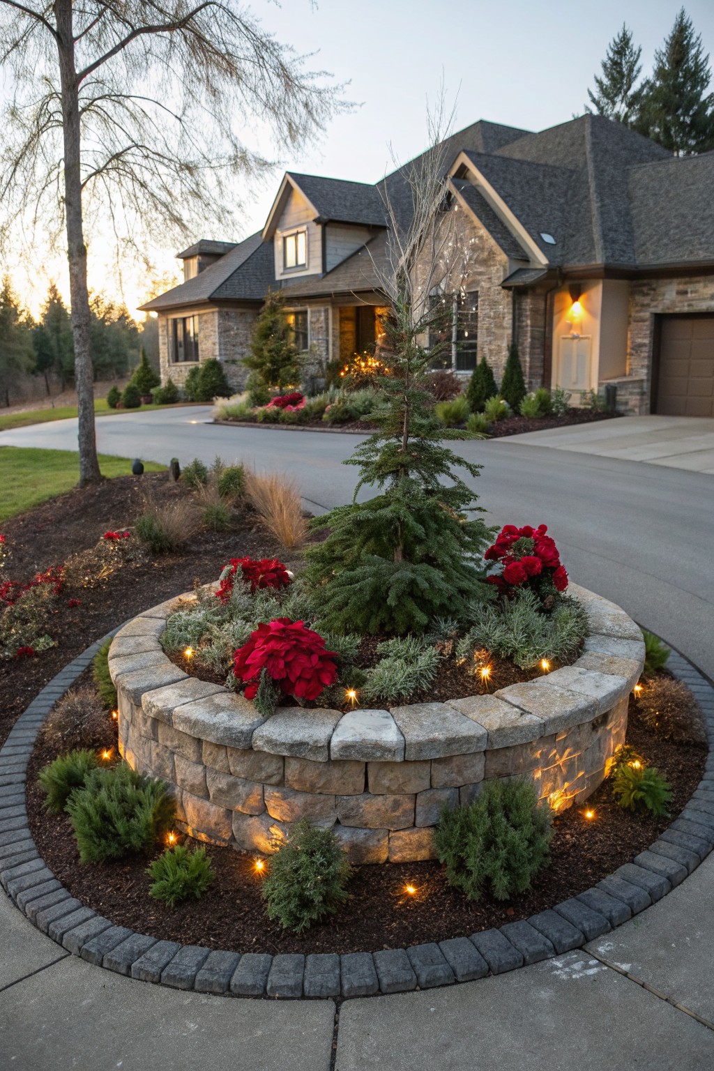 Circular raised stone planter filled with red poinsettias, a small evergreen tree, succulents, and low lights, set in a landscaped front yard near a house and driveway at dusk.