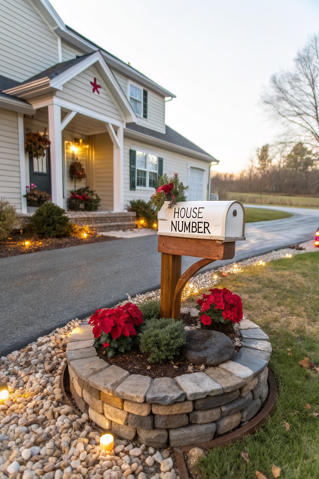 Beige two-story house with front porch and dark shutters at dusk, white curved mailbox labeled 