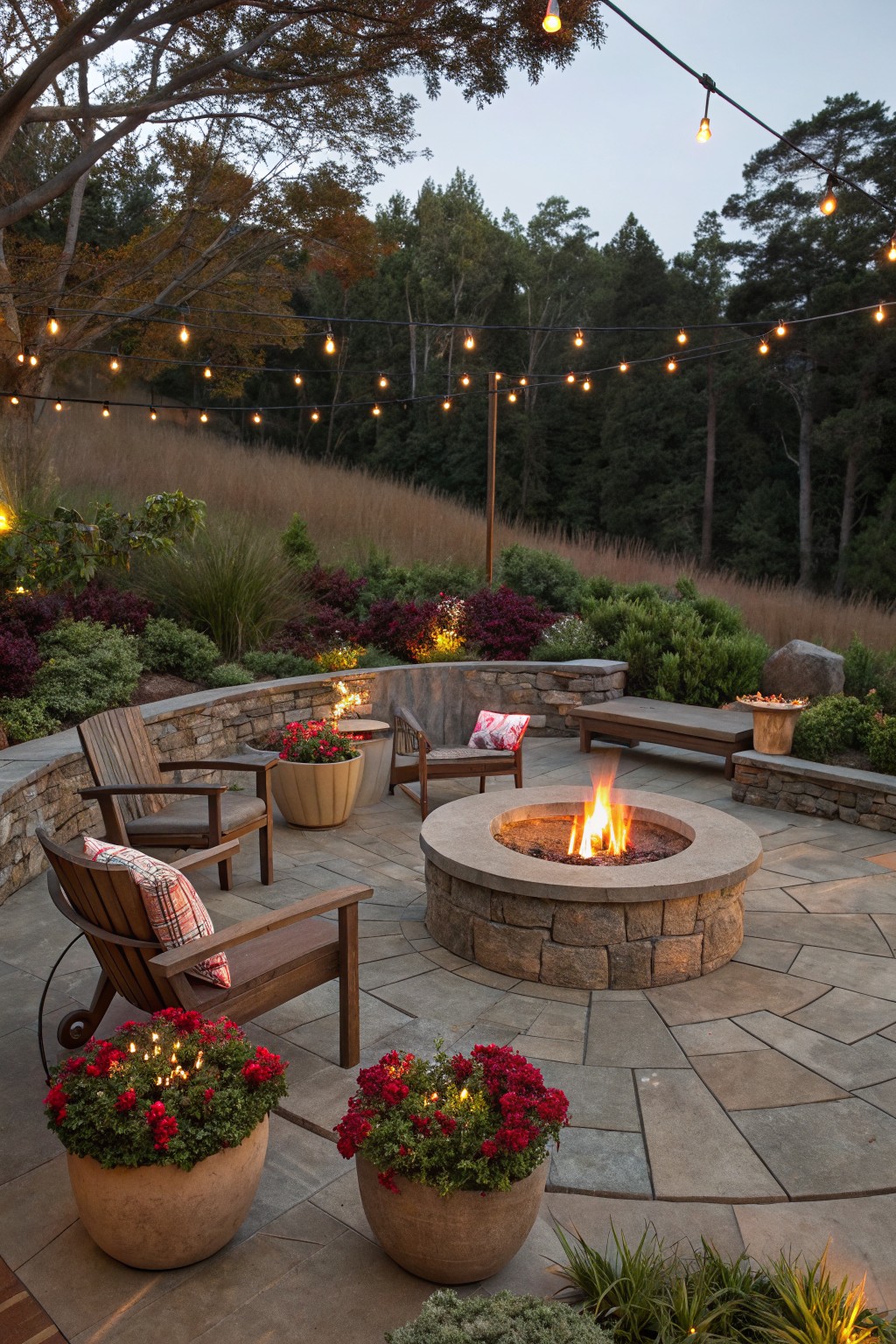 Outdoor slate patio featuring a central circular stone fire pit with flames, surrounded by wooden Adirondack chairs and benches on a curved stone wall, large terracotta pots with red poinsettia-like flowers, string lights overhead, and surrounding garden plantings.