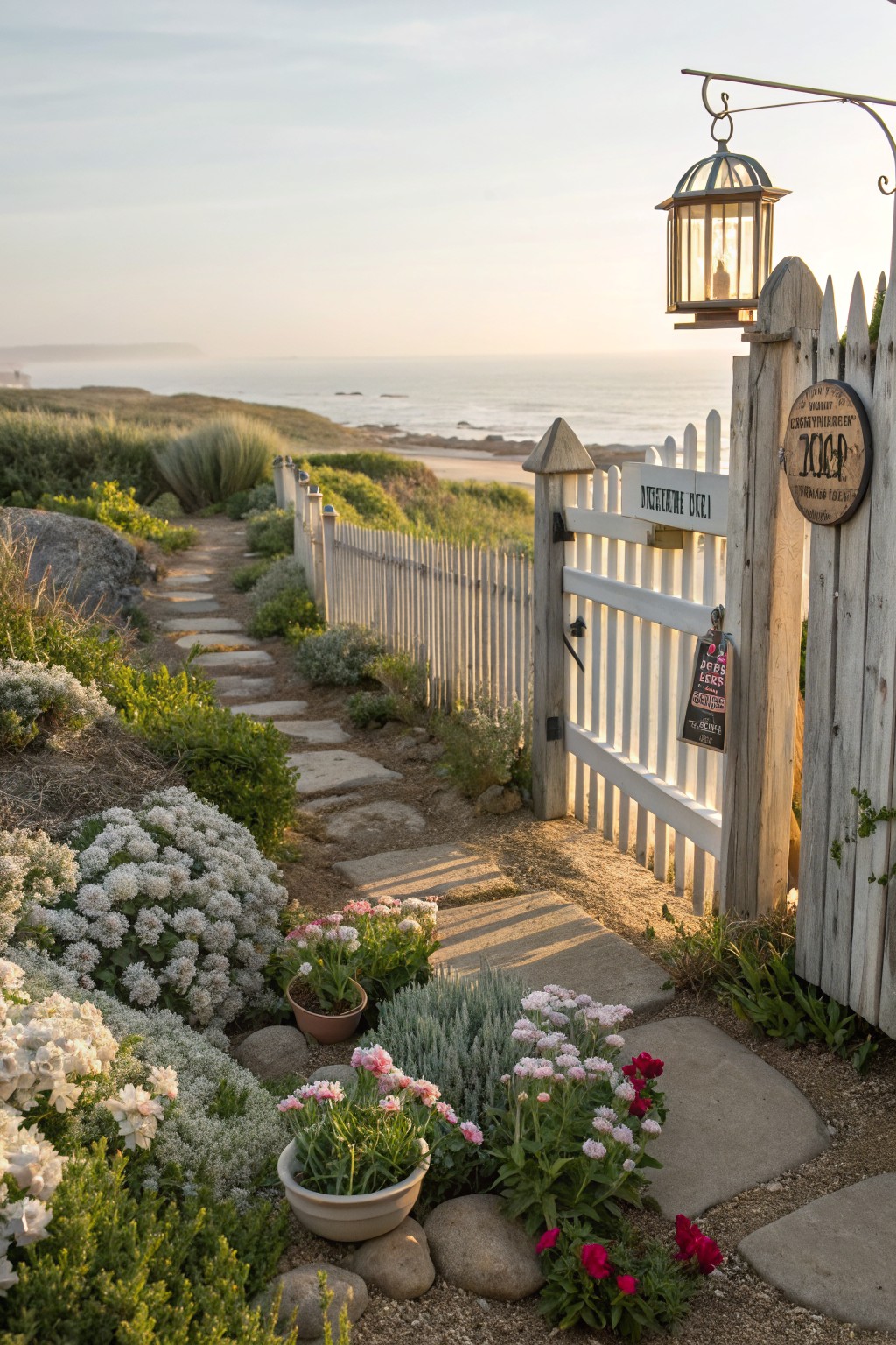 White picket garden gate with a hanging lantern and a sign, opening to a stone pathway lined with white, pink, and red flowers amid greenery, leading toward ocean dunes at sunset.