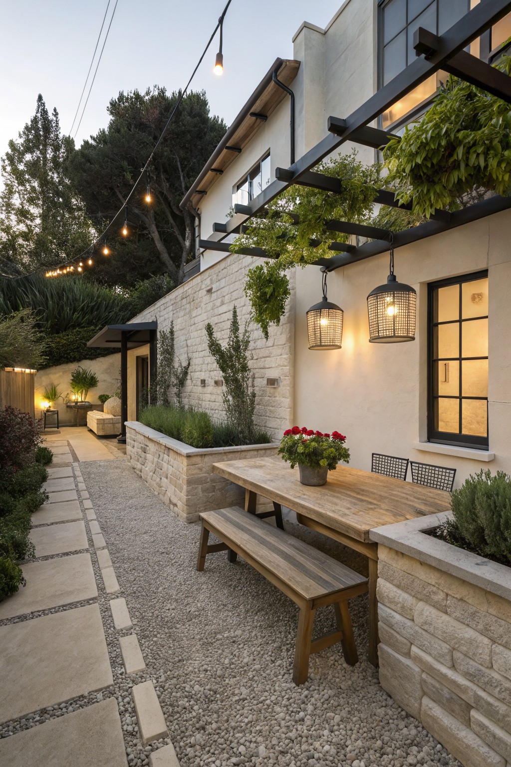 Gravel pathway with stone pavers edged by beige retaining walls planted with low green shrubs, leading to a wooden dining table and benches next to a stucco house wall, lit by overhead string lights and pendant lanterns.