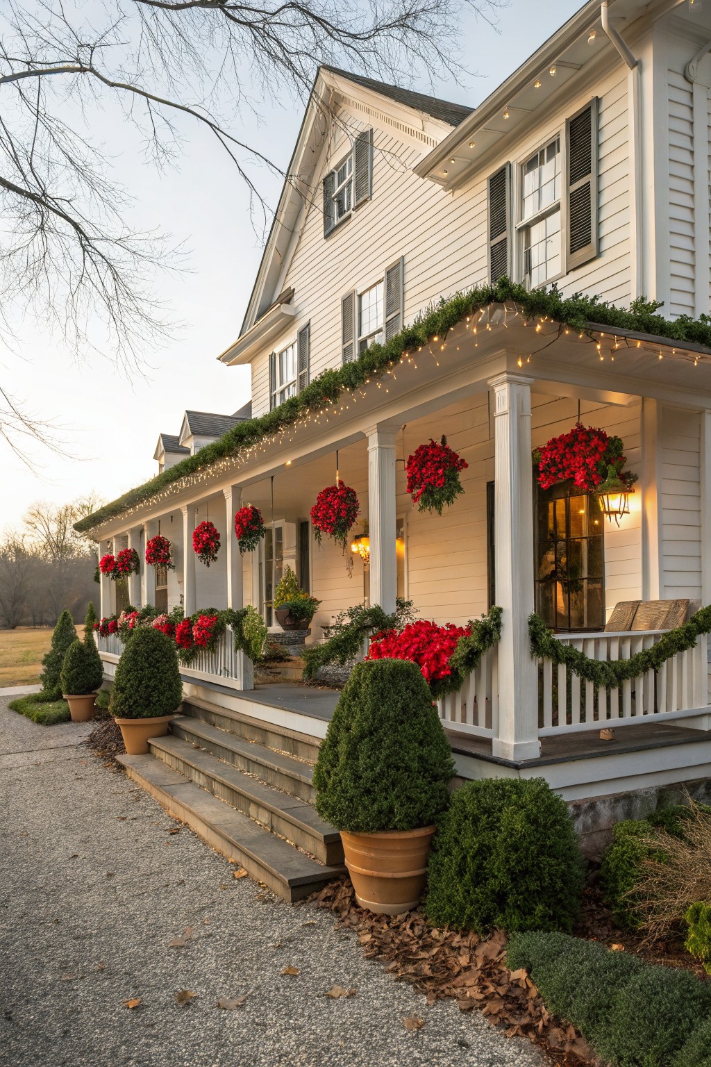 White clapboard house with wraparound porch hung with red poinsettia baskets from columns and railings, evergreen garlands with string lights, potted boxwood shrubs, and stone steps to gravel driveway.