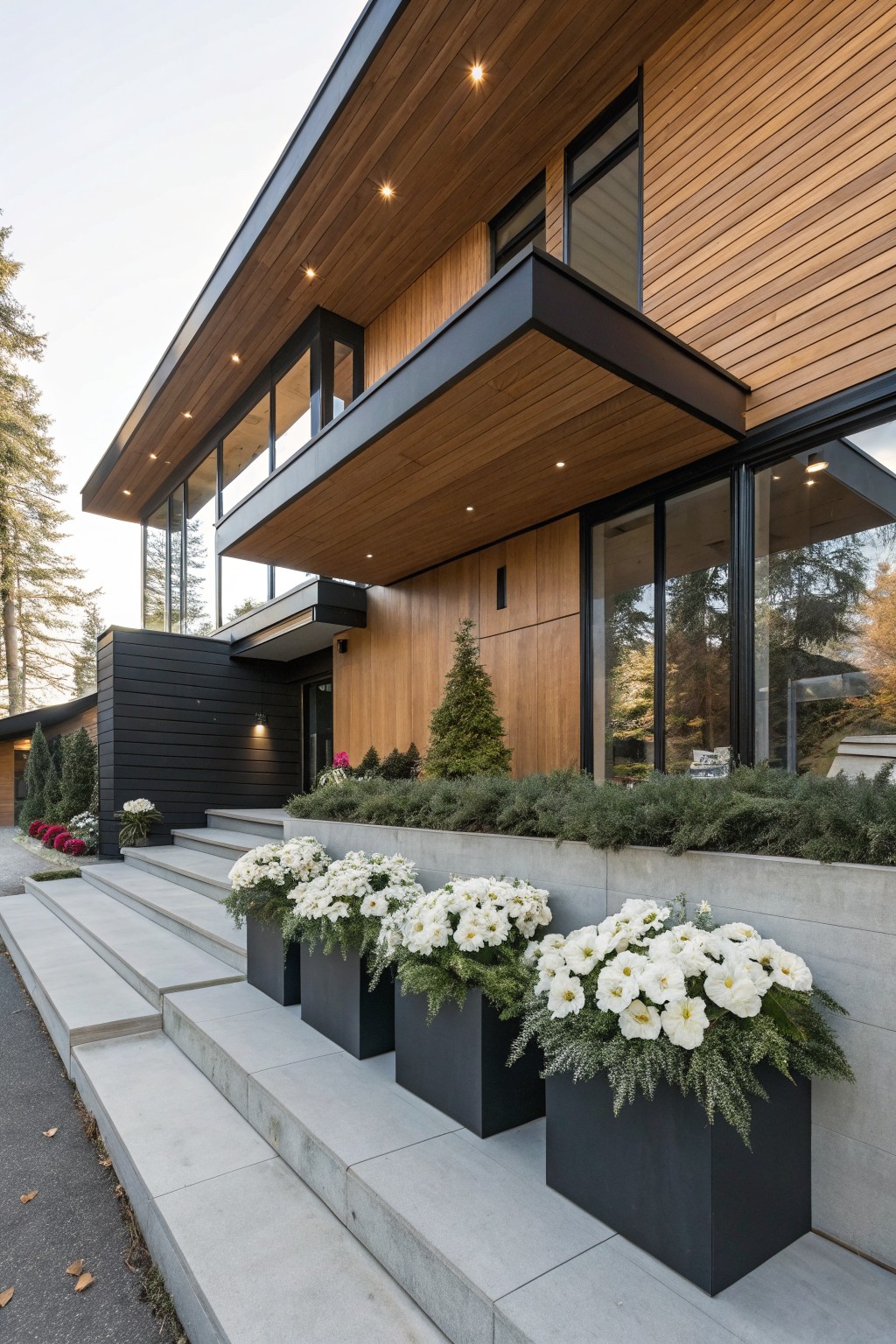 Large Black Planters with Poinsettias on Entry Steps