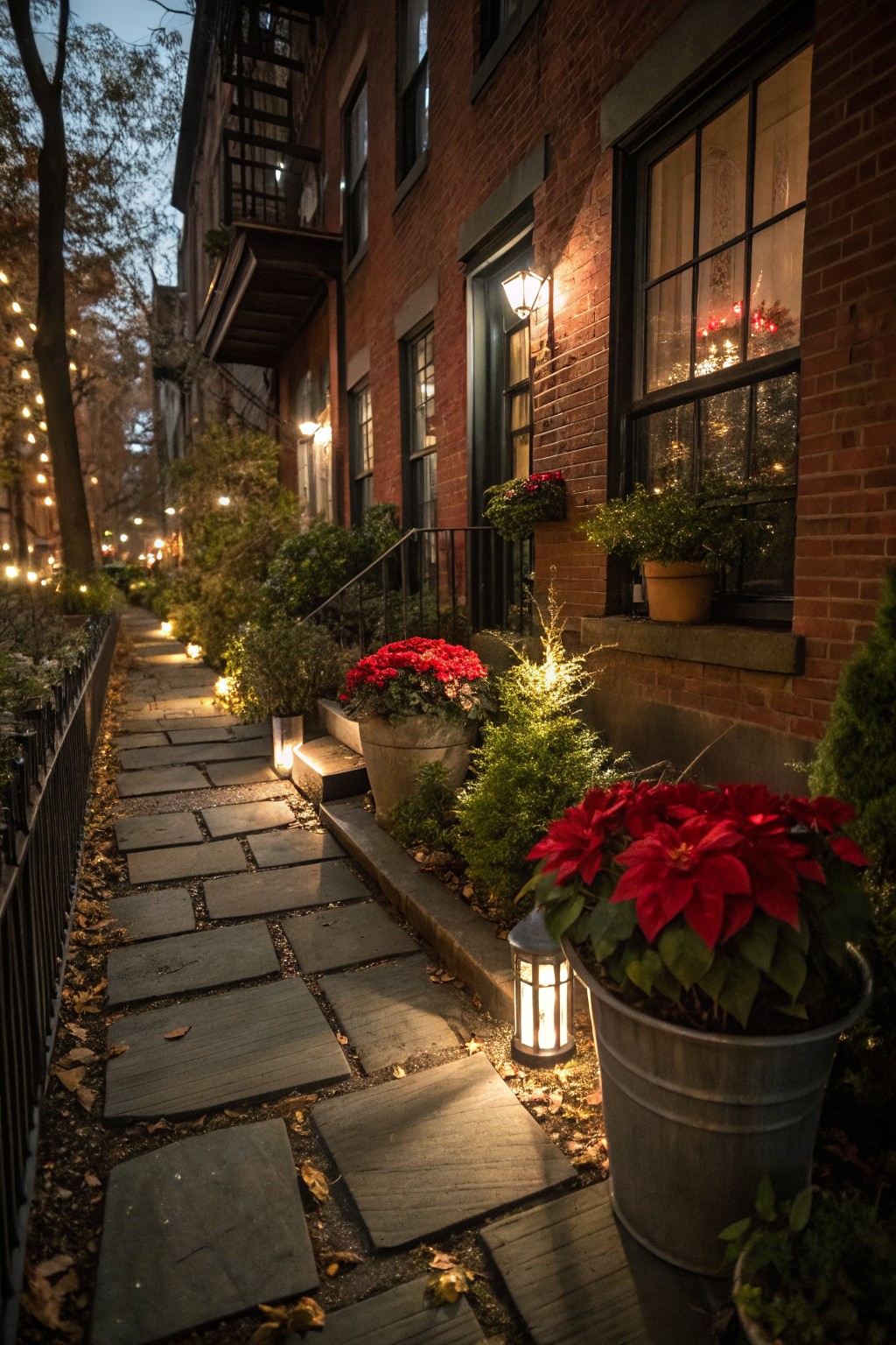 Narrow slate stone pathway at twilight lined with large pots of red poinsettias, lanterns, greenery, and small trees beside brick townhouse walls with lit windows and Christmas decorations.