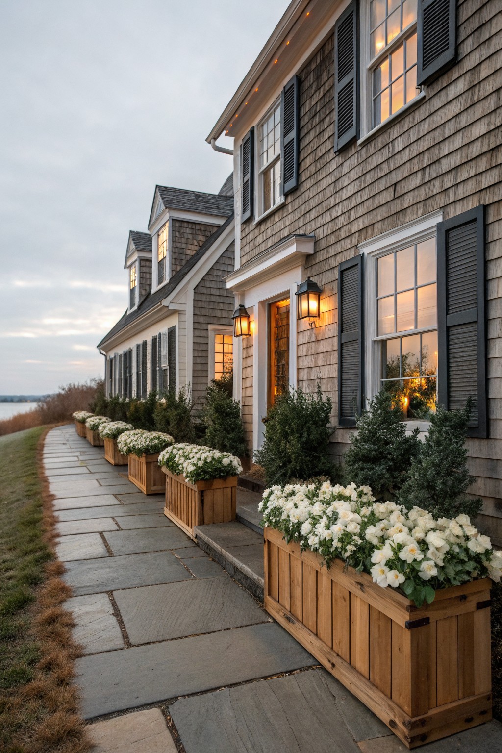 Shingle-style house exterior at dusk with slate stone pathway lined by large wooden planters filled with white flowers, boxwood shrubs nearby, lanterns lit at the entry door, and waterfront view in the background.
