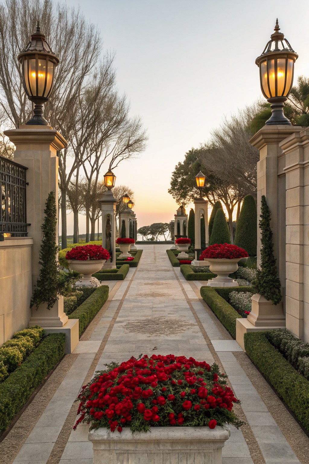 Stone pathway flanked by manicured hedges and topiary trees, lined with large urns of red poinsettias and lit by ornate lanterns, leading through gated stone walls at sunset.
