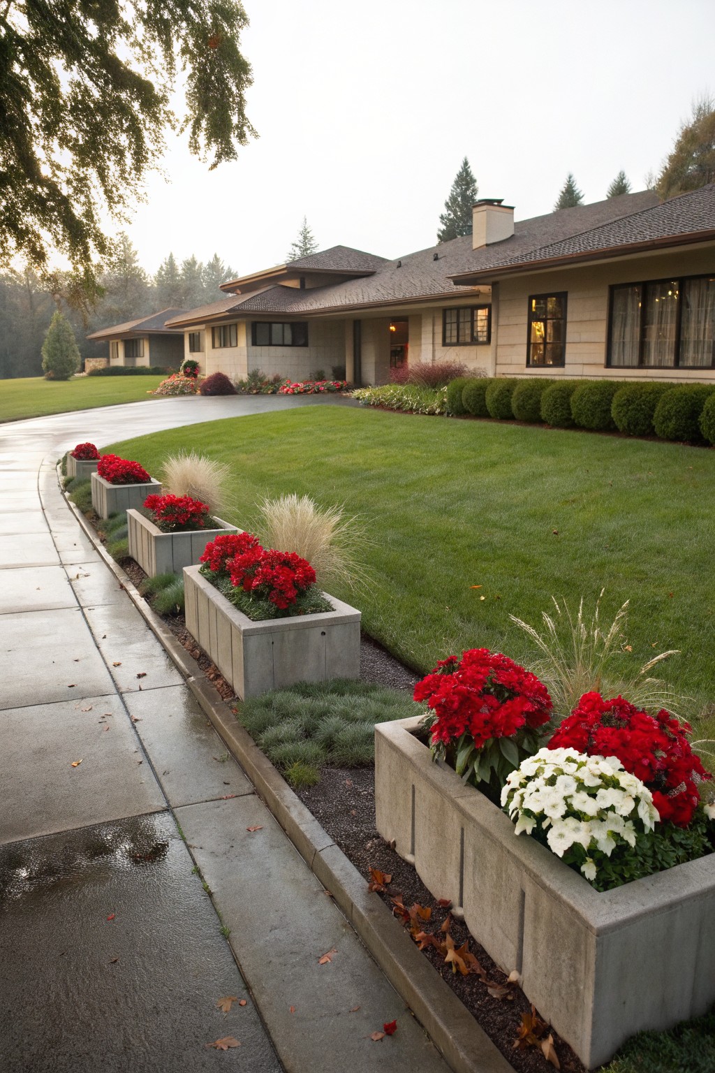 Curved wet concrete driveway lined with large rectangular concrete planters filled with red poinsettias, white flowers, and ornamental grasses in front of a beige modern house.