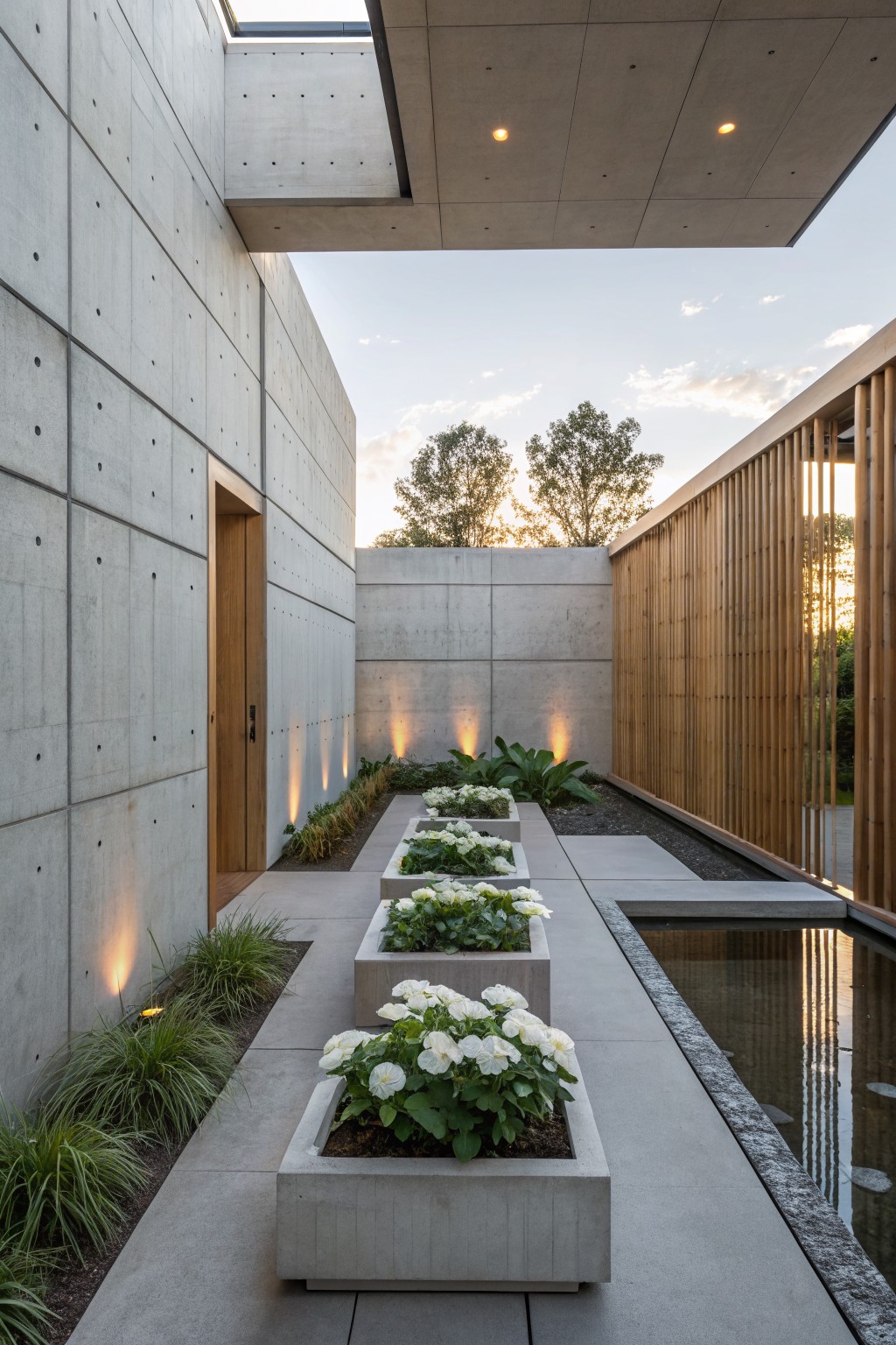 Modern concrete courtyard with pathway lined by square concrete planters of white poinsettia plants, grasses, uplights, wooden door, slatted wood screen, and narrow water feature at dusk.