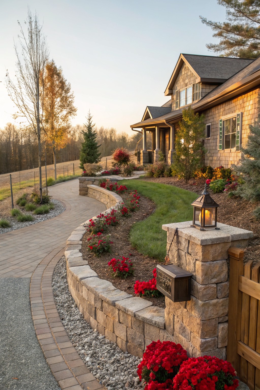 Curved brick paver pathway with stone retaining walls and beds of red poinsettias leading to a shingled house, featuring a lantern on a pedestal, mailbox, and wooden gate.