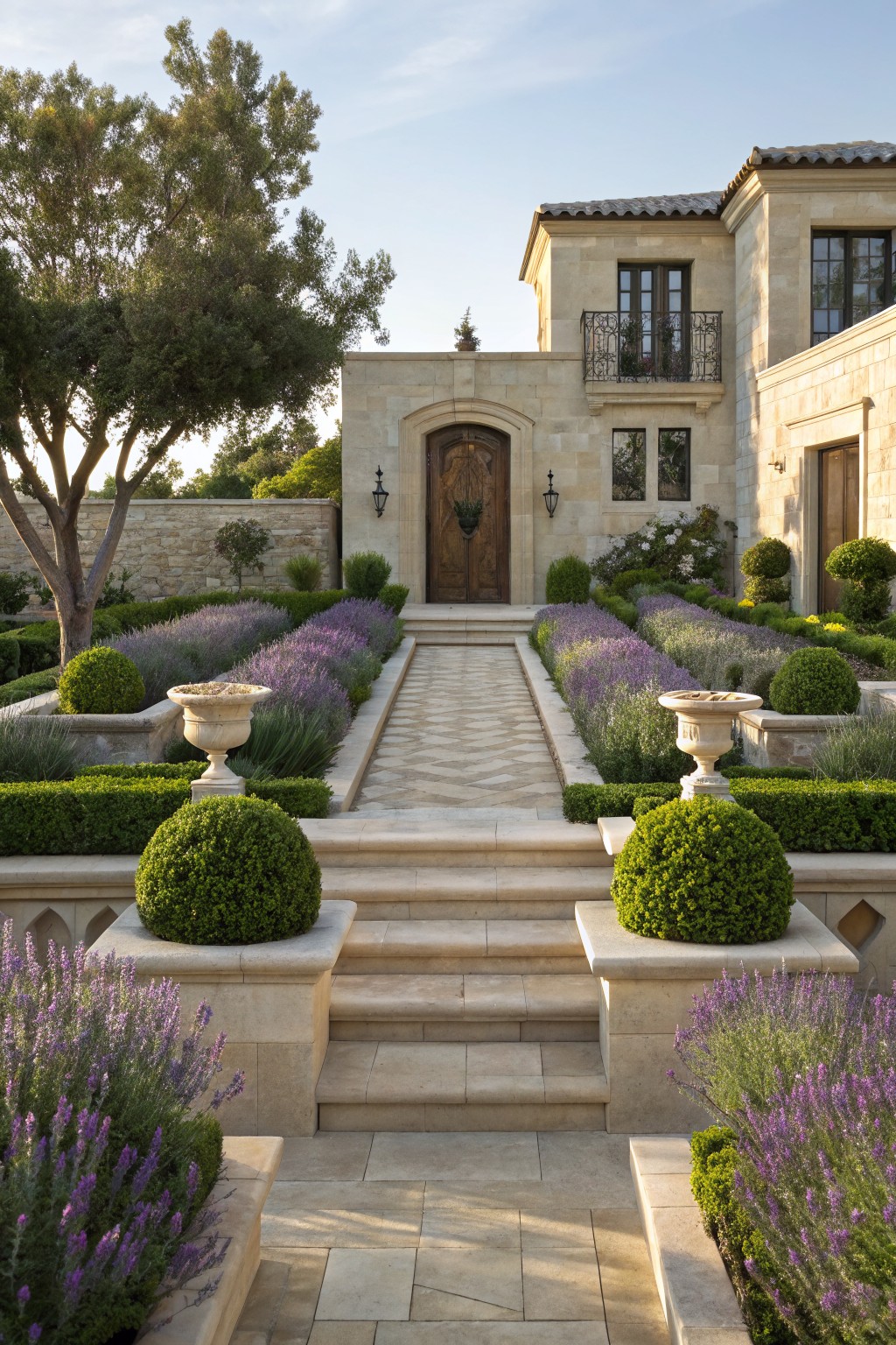Stone Mediterranean-style house facade with arched wooden entry door, flanked by symmetrical lavender flower beds, boxwood topiaries, and potted plants along a paved pathway with steps.
