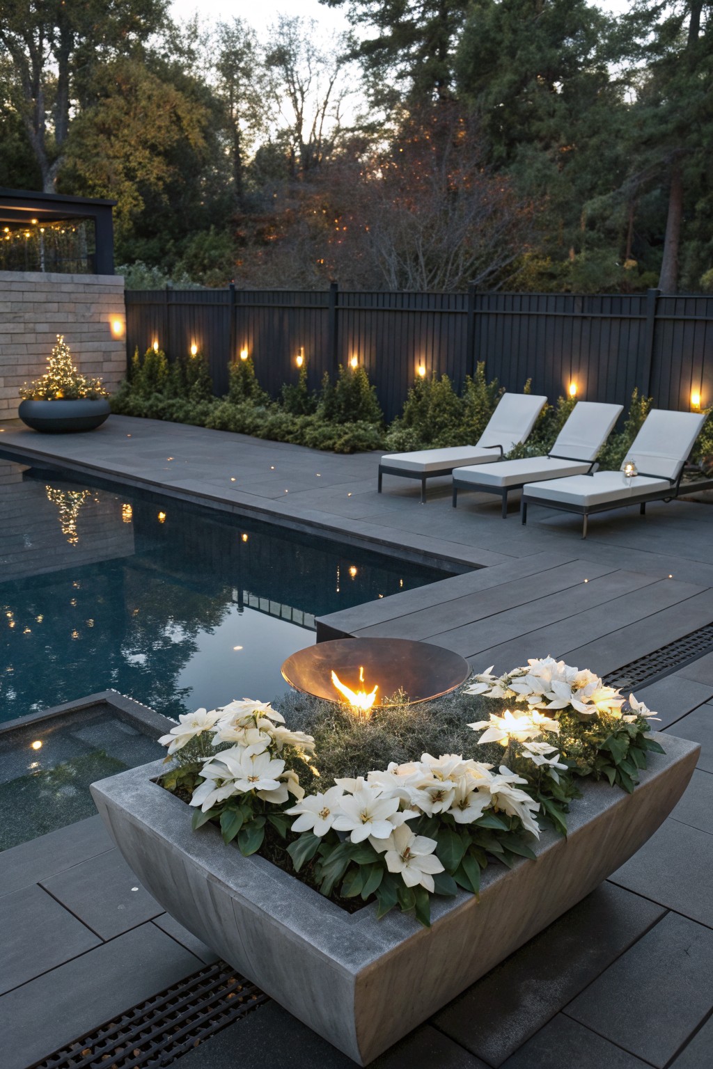Backyard pool area featuring a dark pool, gray stone deck with lounge chairs, black fence with uplights, small potted Christmas tree, and large square concrete planter filled with white poinsettias surrounding a lit bronze fire bowl at the pool edge.