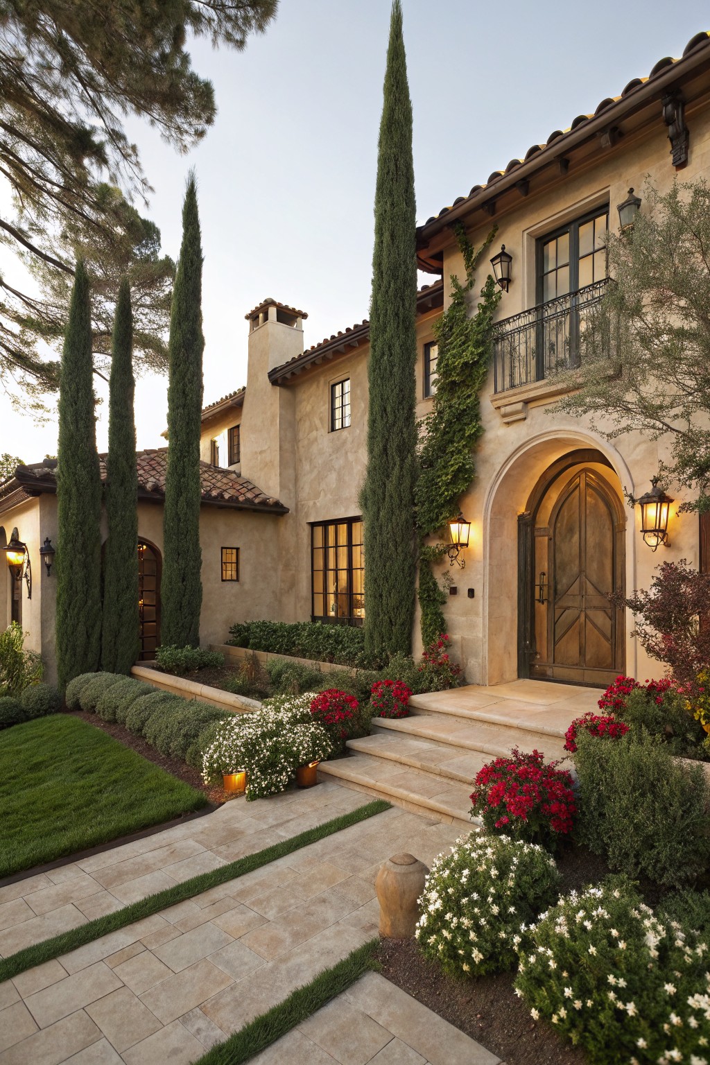 Beige stucco house with clay tile roof, tall cypress trees, arched wooden entry door, stone steps and pathway lined with red poinsettia flowers and white flowering shrubs.