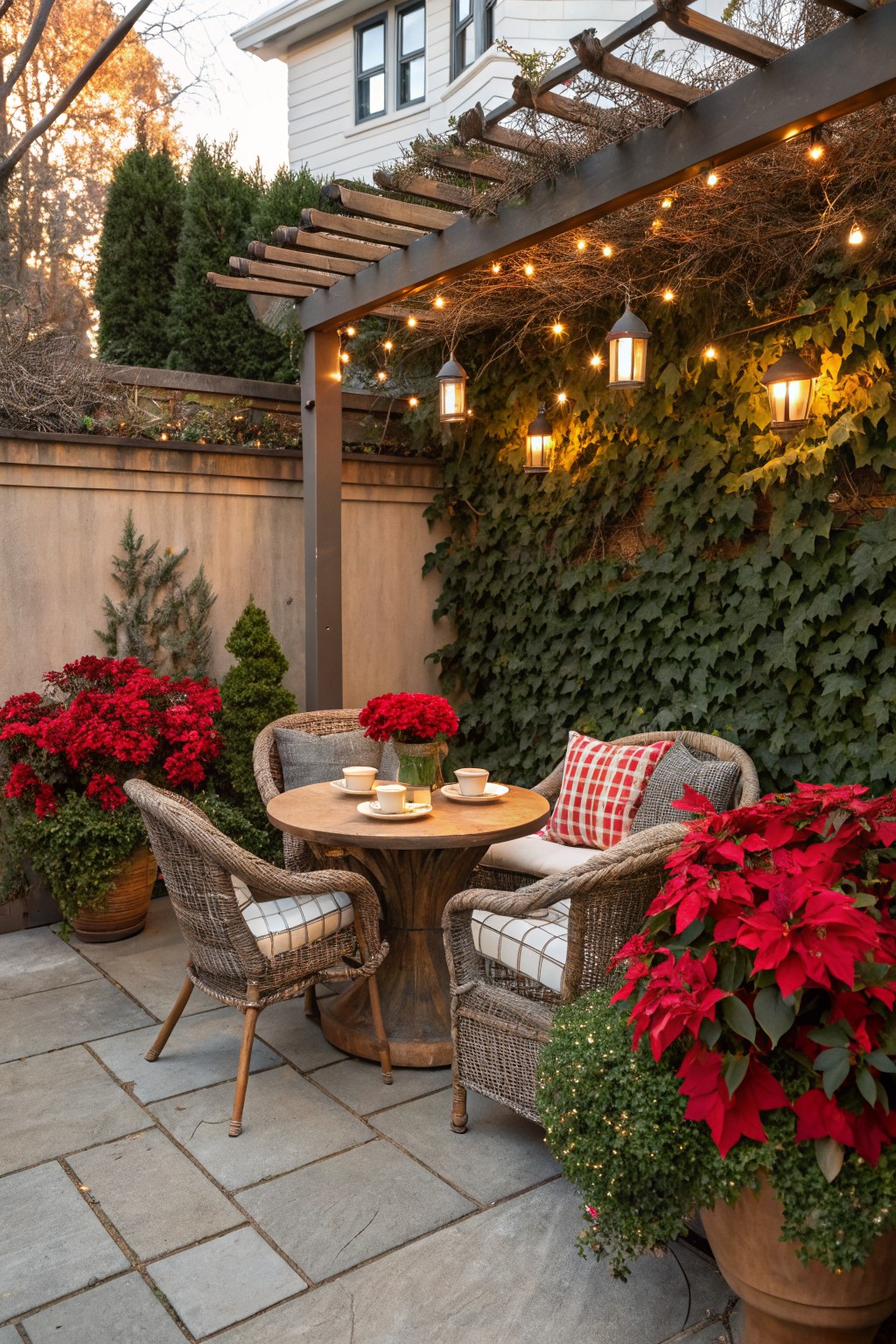 Small round wooden table with teacups on a stone patio flanked by two wicker armchairs and large terracotta pots of red poinsettias, under a wooden pergola with string lights and lanterns against an ivy-covered wall.
