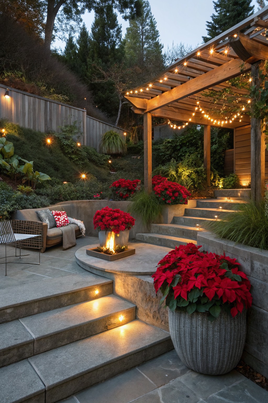 Sloped backyard stone patio with curved illuminated steps flanked by red poinsettia plants in beds and a large gray pot, rattan sofa and square fire bowl on circular platform, wooden pergola strung with lights above, greenery and trees in background at dusk.