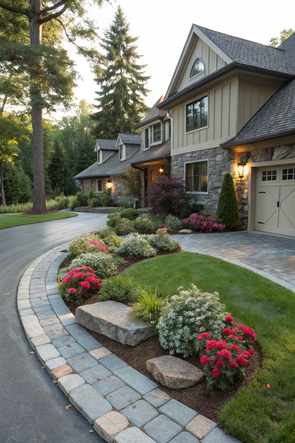 Curved driveway edged with paver border and planting beds containing red poinsettias, white shrubs, boulders, and grass, leading to beige house with stone garage and surrounding trees.