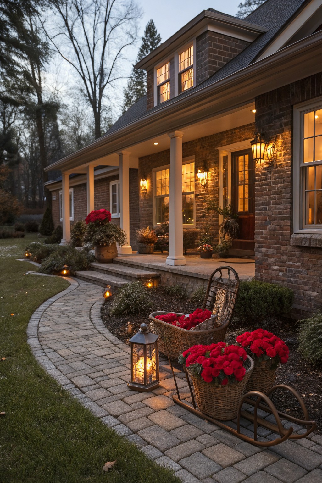 Brick house exterior with wraparound porch and warm interior lights at dusk, curved paver pathway leading to steps, wooden sleigh planter holding two woven baskets of red poinsettias, and several lanterns along the path.
