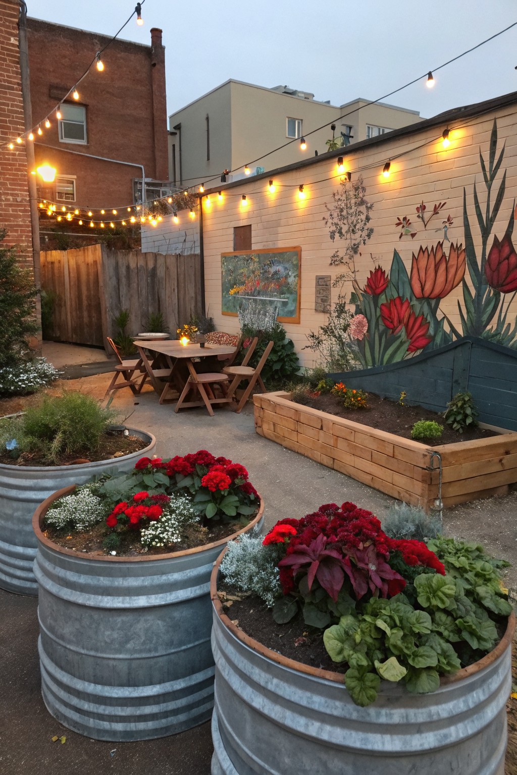 Backyard patio area featuring a wooden dining table with chairs, string lights overhead, a colorful mural on a brick wall, a raised wooden garden bed, and several large galvanized metal tubs planted with red flowers, herbs, and other greenery.