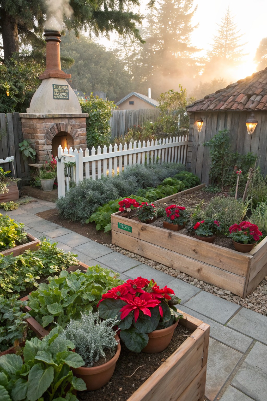 Backyard landscaping with multiple wooden raised garden beds containing red poinsettias, herbs, and greens, a brick pizza oven with chimney, white picket fence, stone path, and surrounding trees in morning fog.