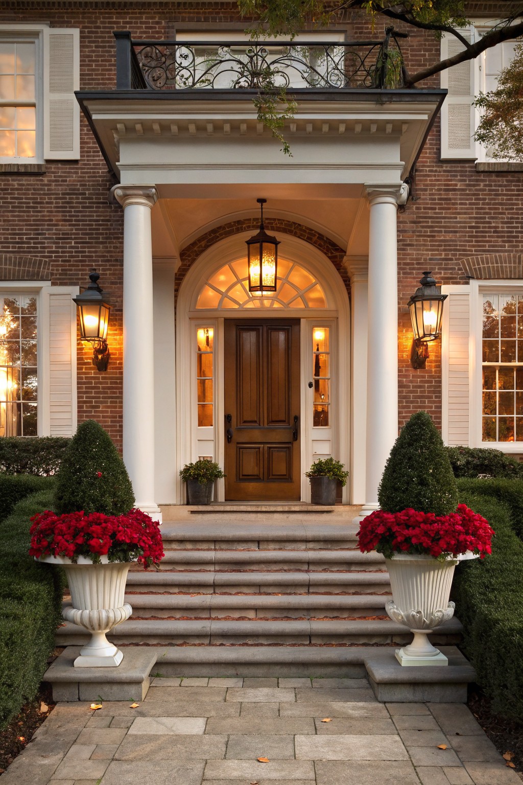 Brick colonial-style house front with columned porch, double doors, lanterns, and matching white urns filled with red poinsettias flanking stone steps.