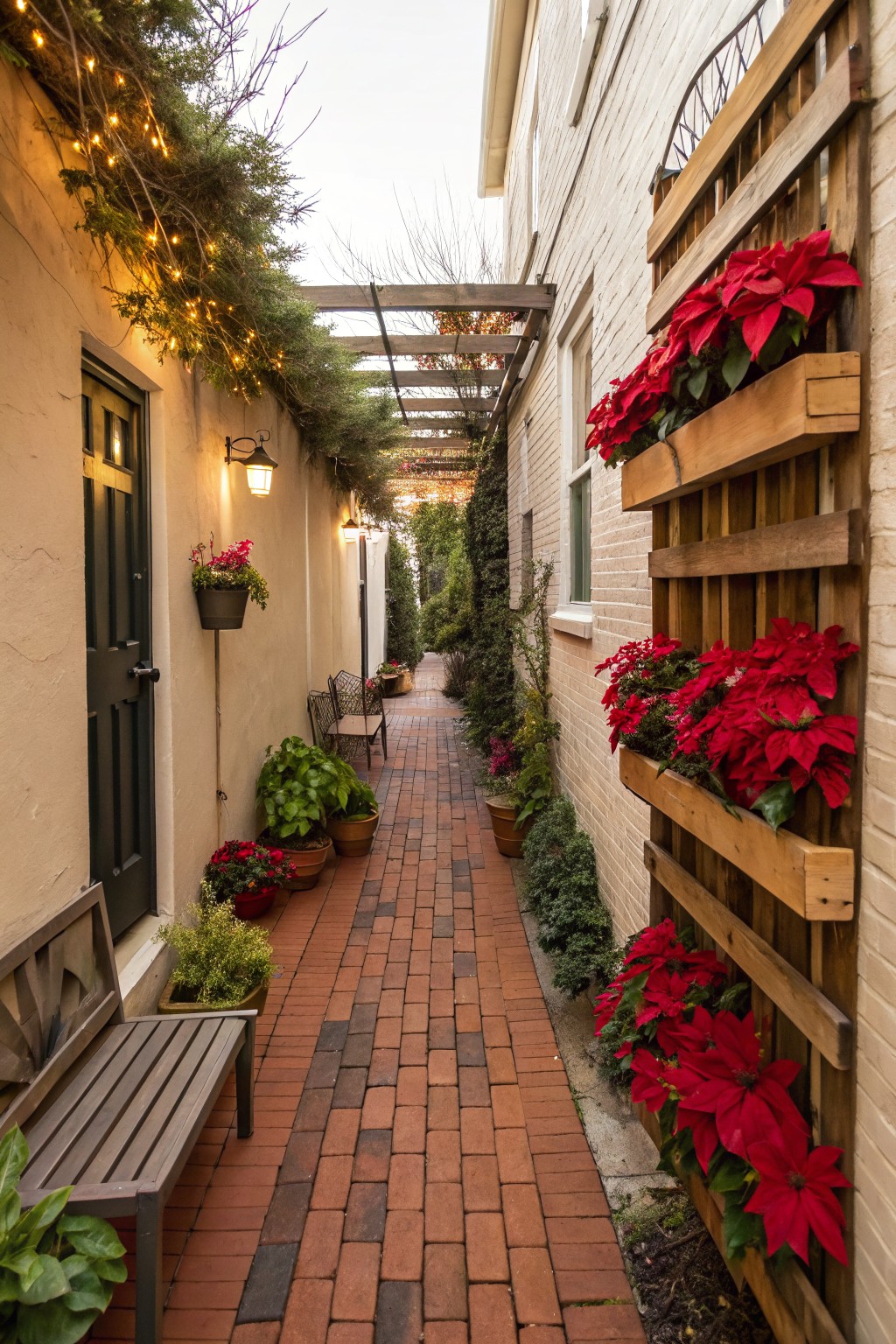 Narrow brick pathway between white buildings lined with red poinsettias in wooden vertical wall planters, string lights and greenery on overhead arbor, wooden benches at each end.