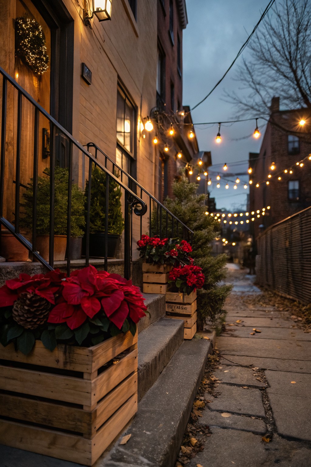 Brownstone stoop with wooden crates filled with red poinsettias on the concrete steps, flanked by potted plants on a black metal railing, a wreath on the wooden door, and string lights strung overhead in a narrow brick alley at dusk.