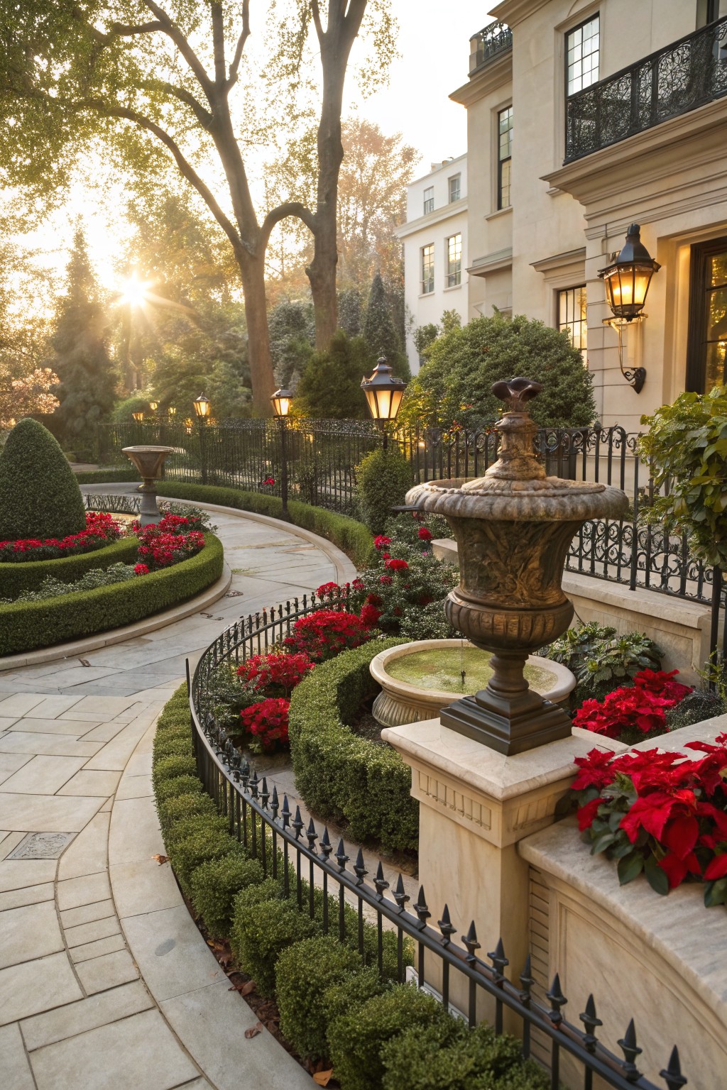 Poinsettias Line a Formal Garden Path
