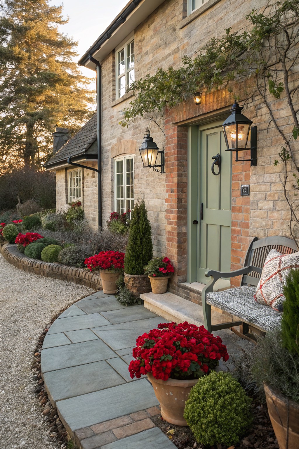 Stone cottage house with sage green front door and curved slate path edged by beds and terracotta pots of red poinsettias, boxwood shrubs, lanterns, and a bench.