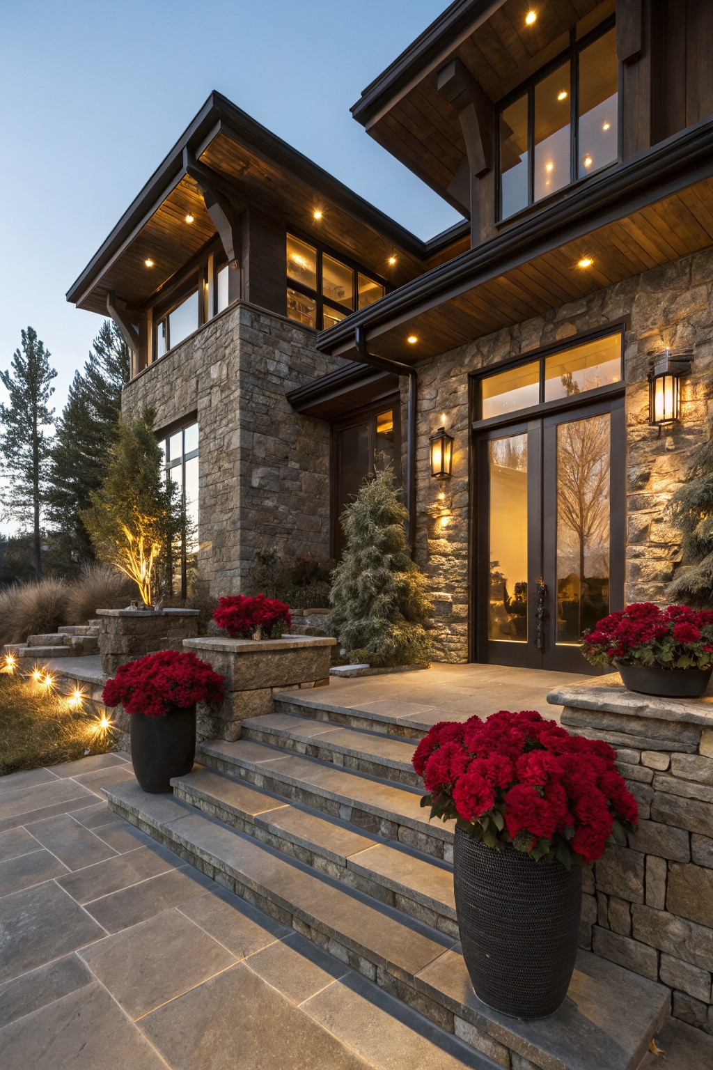 Stone entry steps leading to dark wood double doors on a house with stone and wood exterior, lined and flanked by large black pots of red poinsettias, lit lanterns on either side at dusk.