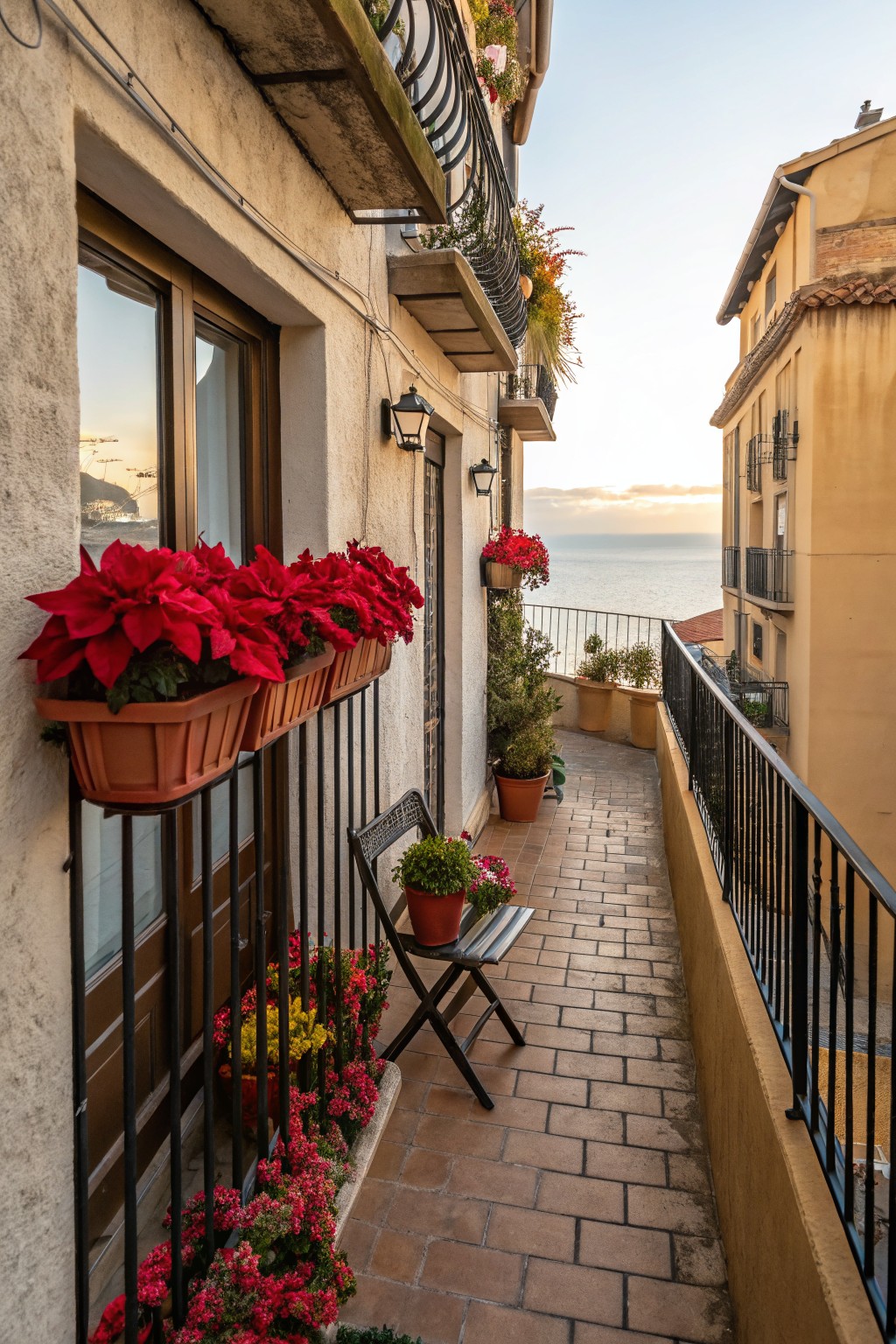 Narrow tiled balcony walkway between beige stucco buildings with red poinsettia planters hanging from black iron railings, additional flowers in pots, a folding chair, and sea view in the background at sunset.