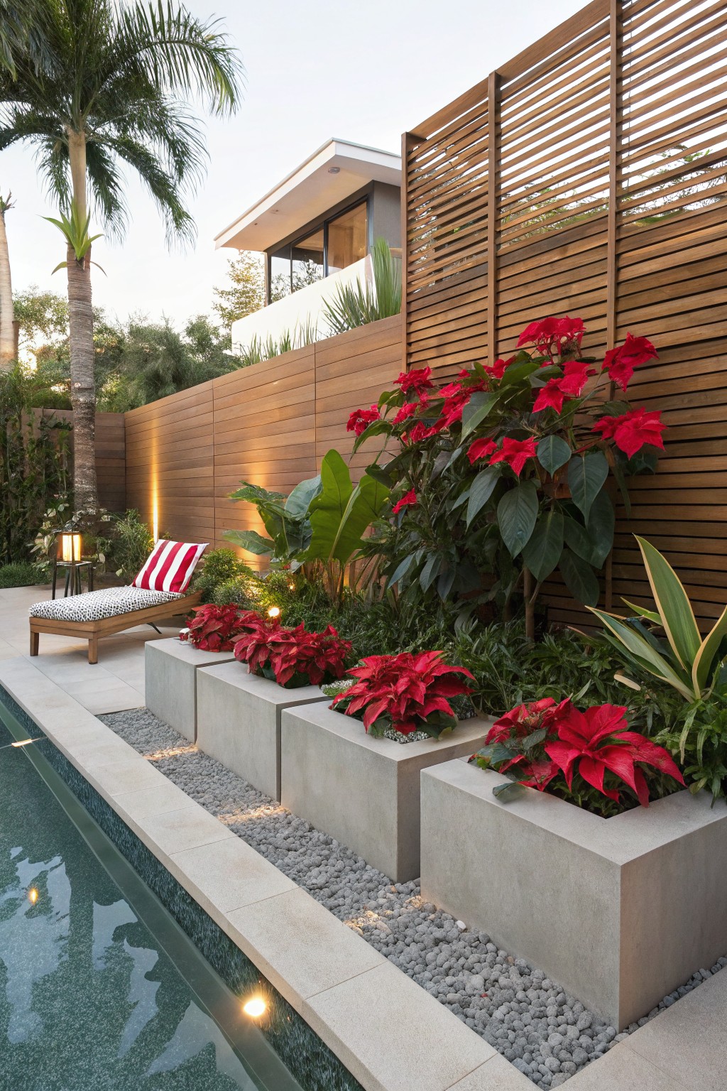 Pool deck edged with large square concrete planters filled with red poinsettias, pebble ground cover, wooden slatted fence with plants, palm trees, and a lounger chair nearby.