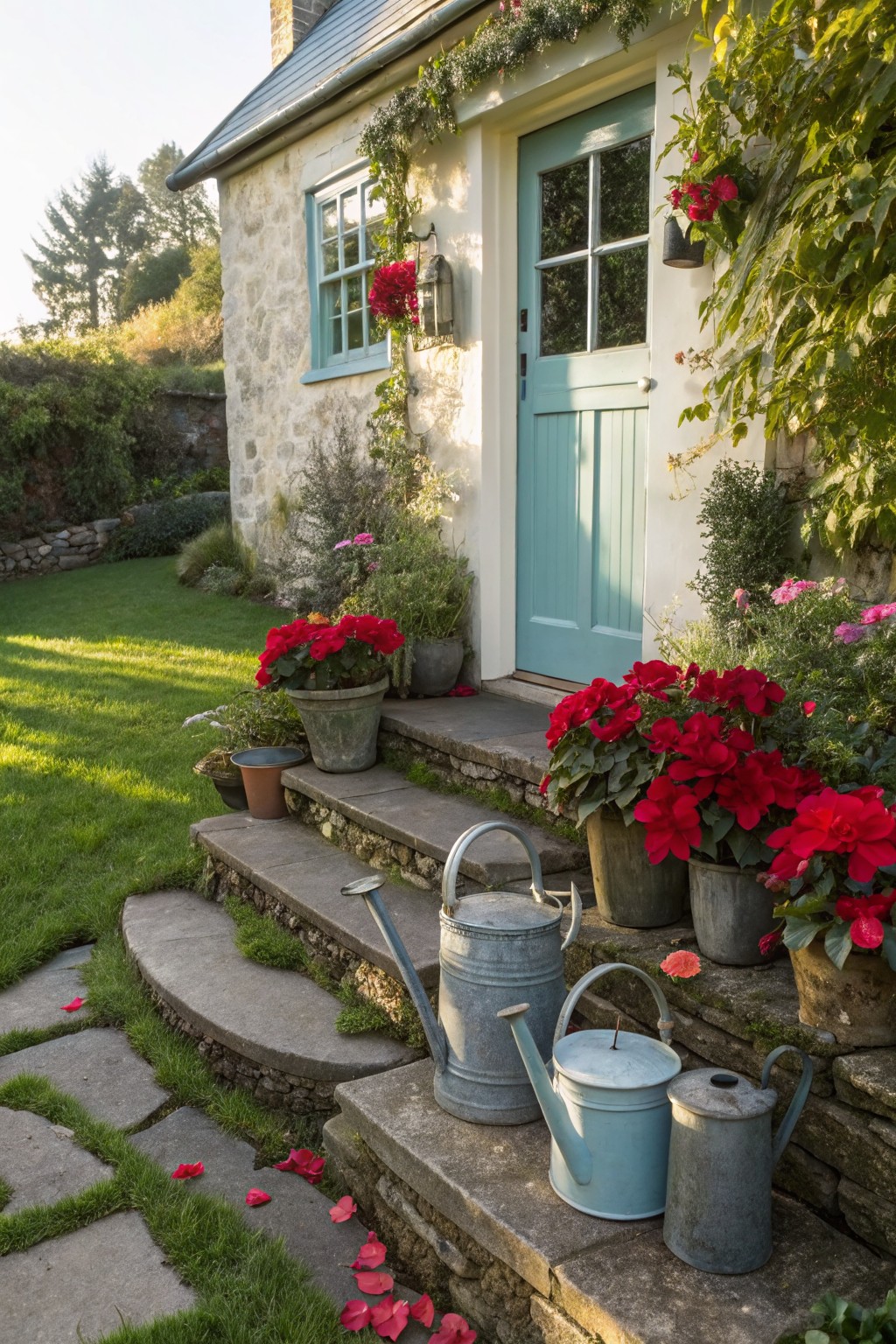 Potted Poinsettias on Entry Steps