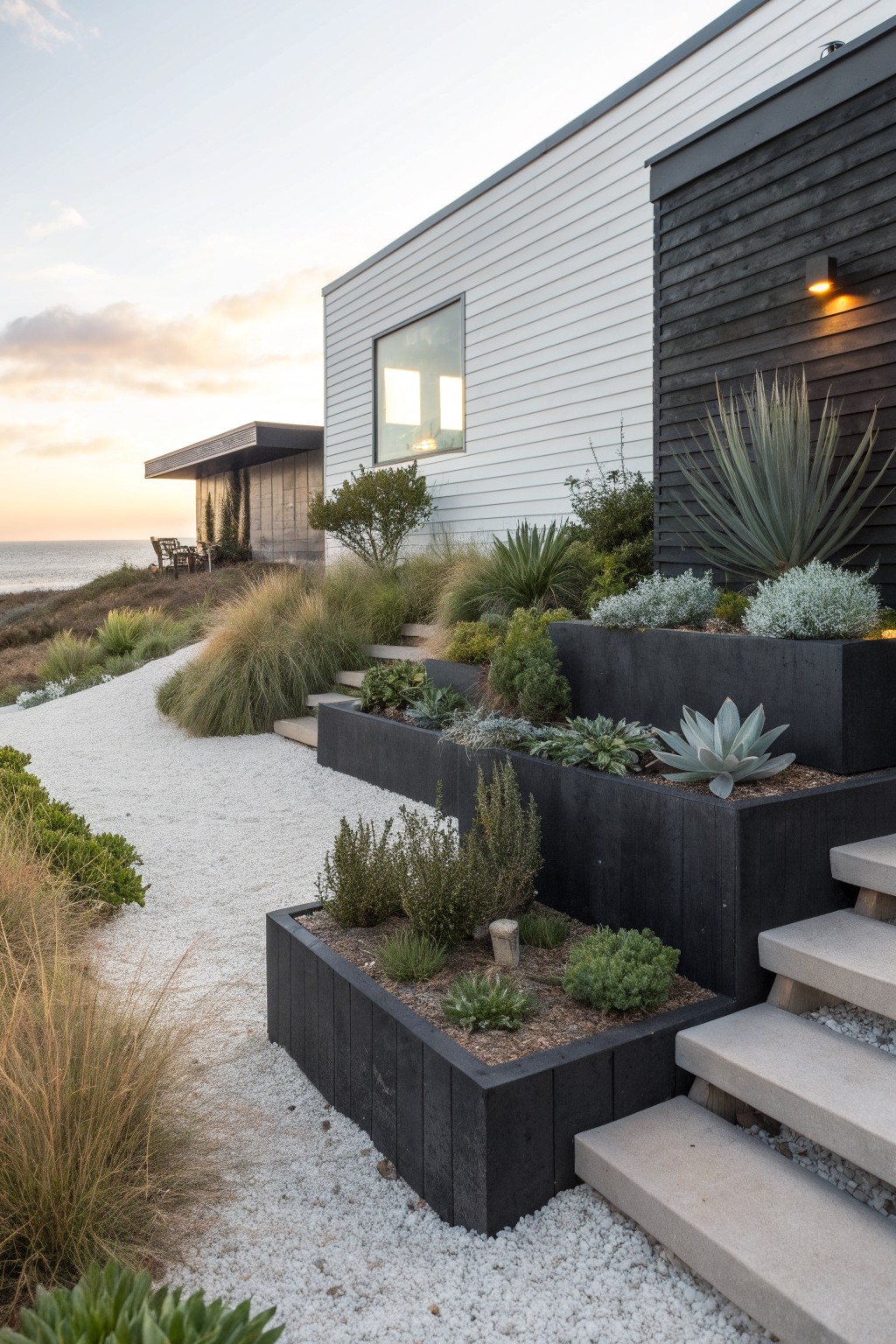 Coastal modern house exterior featuring tiered black rectangular planters filled with succulents and grasses integrated along concrete steps, with a gravel path, native plants, and ocean view in the background.
