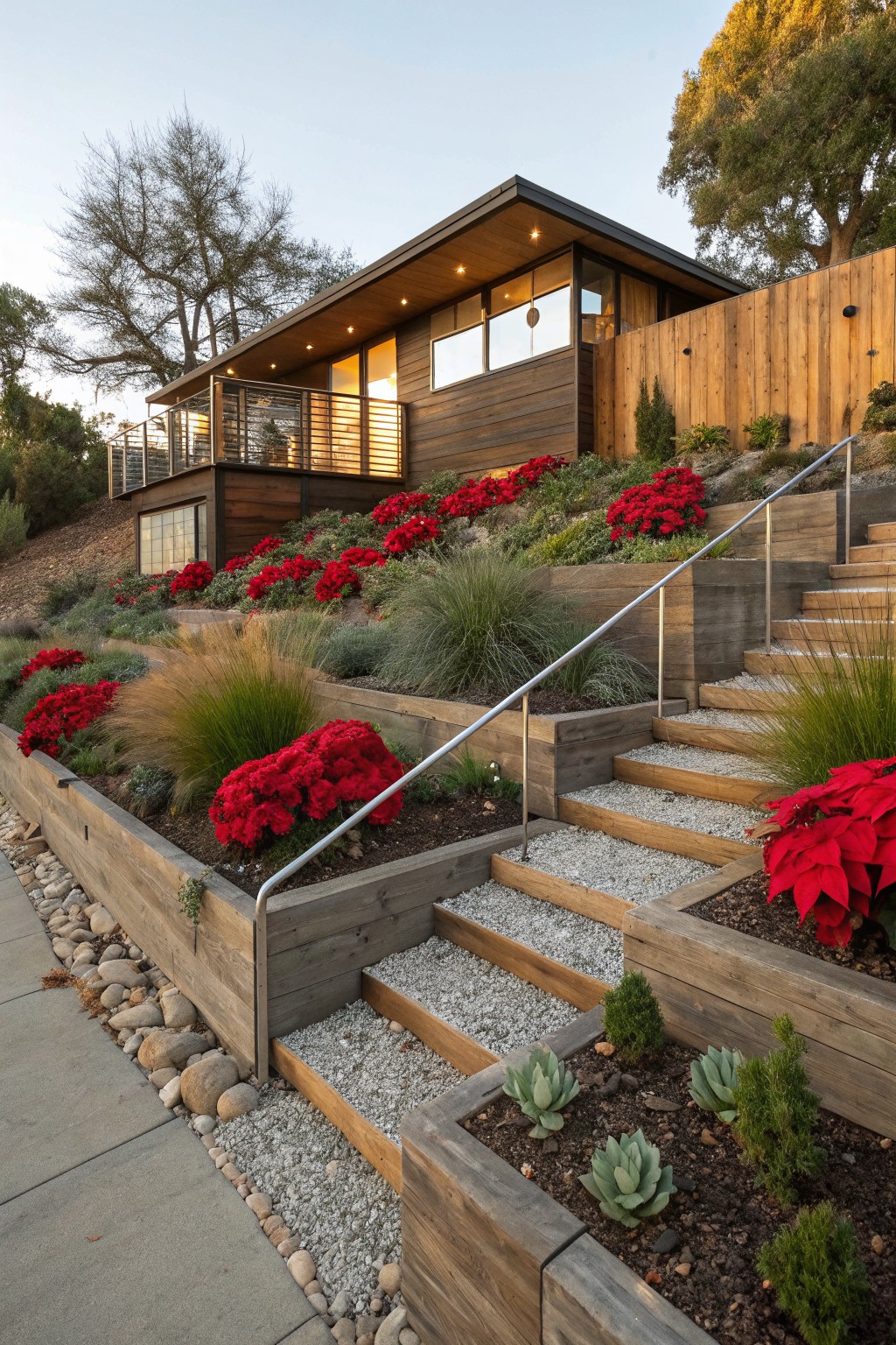 Modern house on a hillside with wooden retaining wall planters filled with red poinsettias, ornamental grasses, and succulents, connected by wooden stairs and stainless railings.