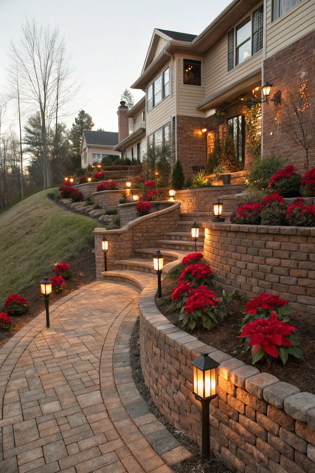 House on a slope with brick retaining walls forming terraces planted full of red poinsettias, curved steps leading up, winding paver pathway, and black lantern lights glowing at dusk.