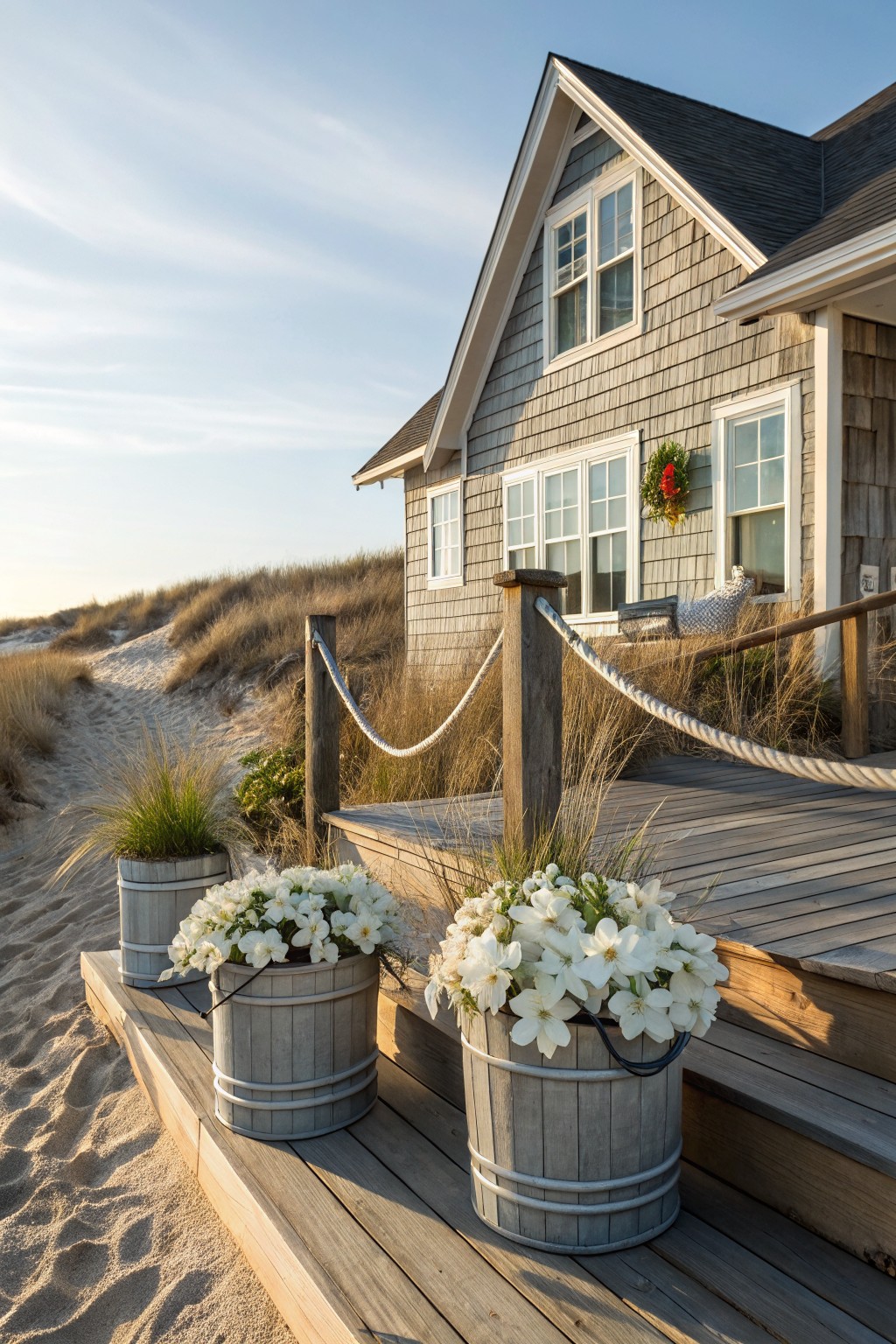 Gray shingled beach house with wooden deck and stairs leading to sand dunes, two galvanized buckets of white flowers on the lower steps, rope railings, beach grass, and a red wreath on a window.