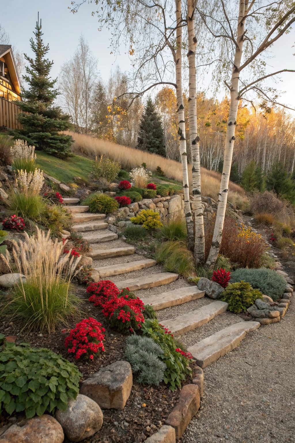 Sloped garden path of irregular natural stone steps winding uphill through plantings of ornamental grasses, red-flowering shrubs like poinsettias, low groundcovers, birch trees, and large rocks, with a wooden house and evergreens in the background.