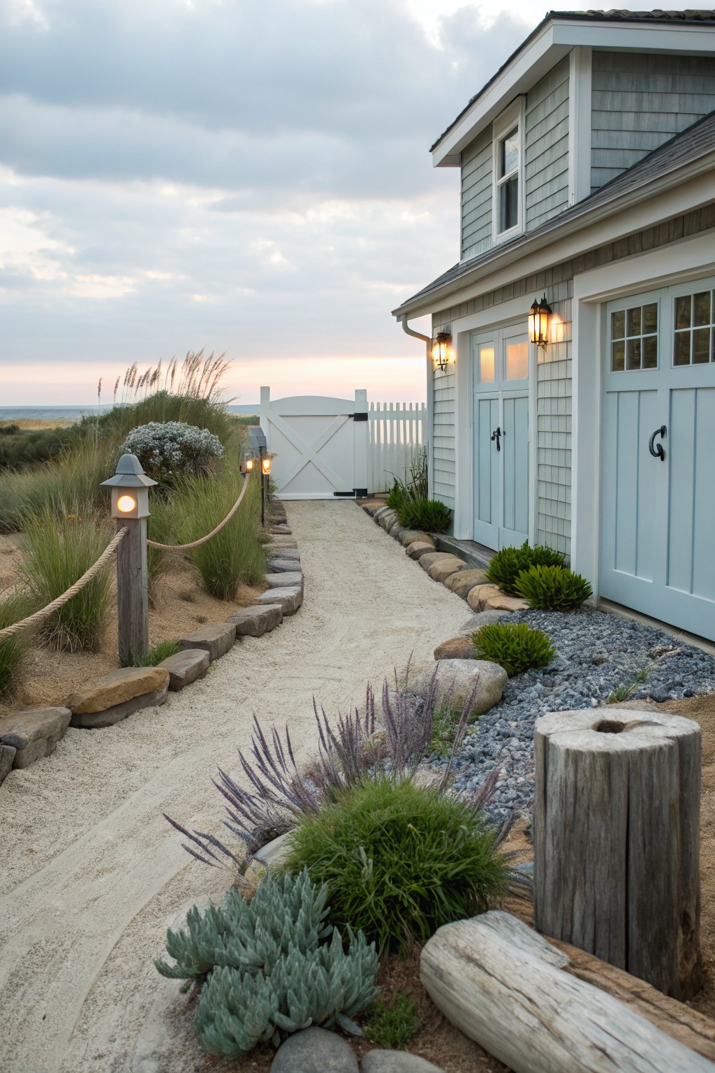 Gravel pathway edged with grasses, succulents, lavender, rocks, and wooden posts with lanterns leads past a white gate to a shingled garage near beach dunes under a cloudy sky.