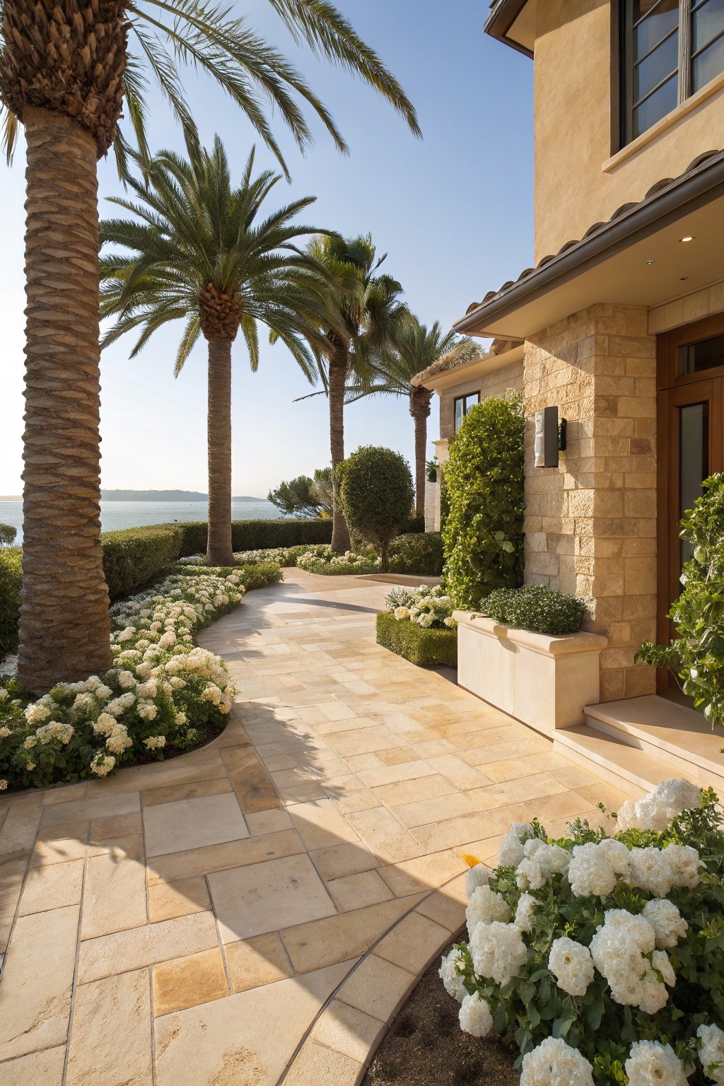 Curved beige stone pathway lined with dense white flowering shrubs and edged greenery leading to the front door of a beige stucco and stone house, surrounded by palm trees, hedges, and clipped shrubs with a body of water visible in the background.