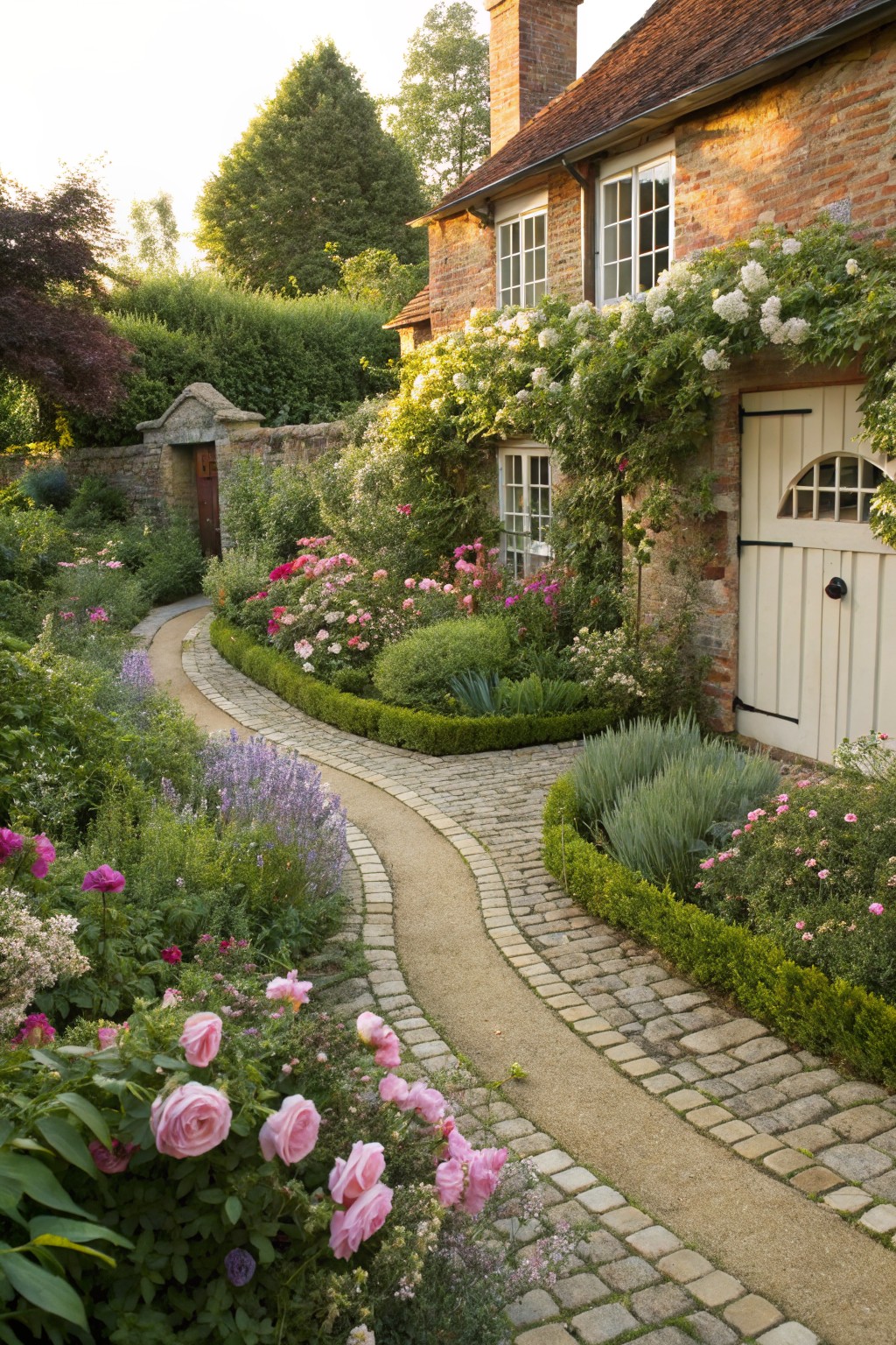 A curving cobblestone path bordered by boxwood hedges, lavender plants, pink roses, and other flowers winds through a lush garden toward the arched white door of a brick house.